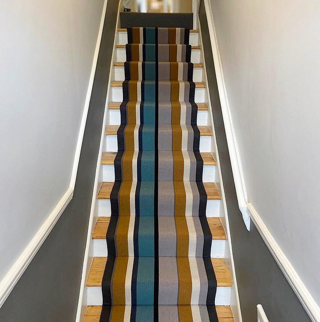 A stripe can simply transform a staircase - especially when it is as colourful as Crucial Trading&rsquo;s Audrey collection, pictured here in Daybreak.⁣
⁣
This hardwearing, moth-resistant loop pile carpet is made from 100% New Zealand wool, a materia