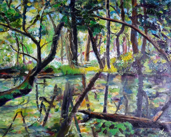 Wooded Lake - £100. Acrylic (Framed) - 52cm x 42cm - Card Available on Esty