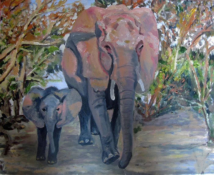 Elephant & Baby at Dawn - £100 Acrylic (Framed) - 53cm x 43cm