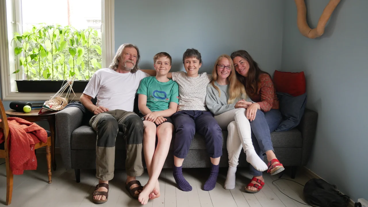 Erlend, Mikael, me, Ylva, and Lotte at their home.