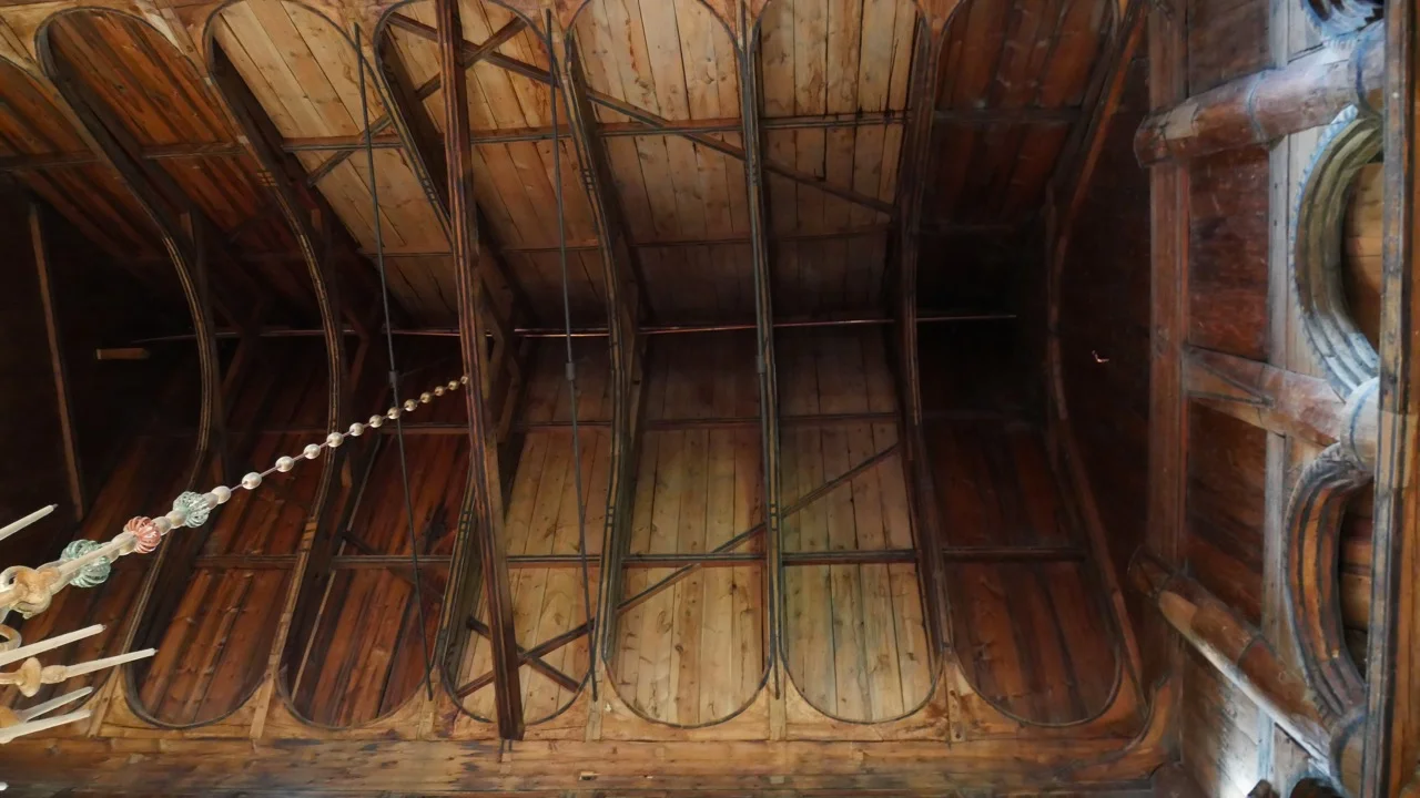 The ship-like ceiling of the church. 