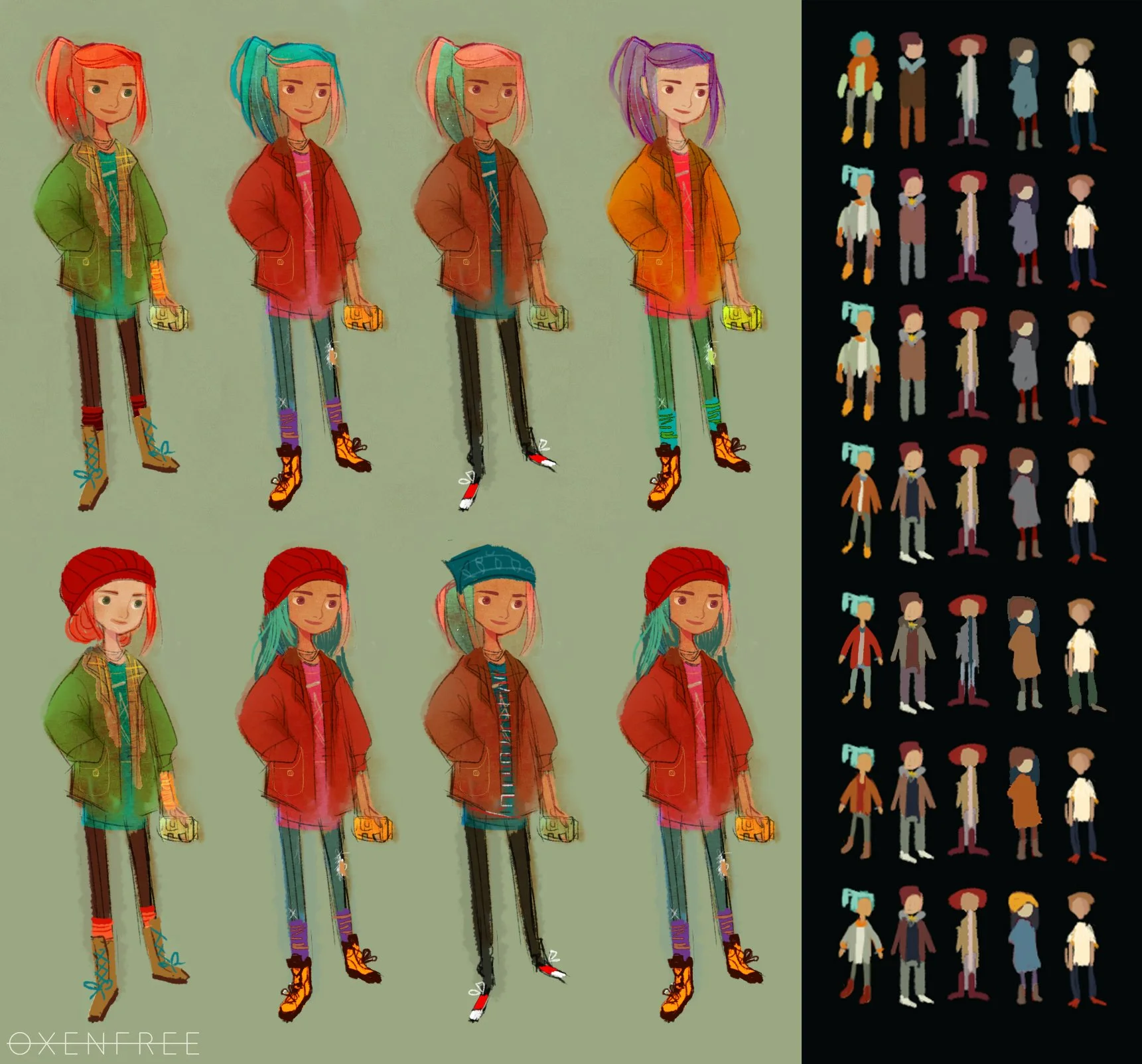 Character design and color concepts (Oxenfree)