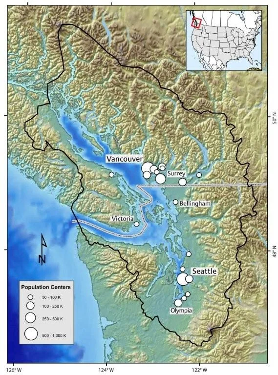 The Puget Sound Basin is only one half of a 17,000 sq. km. ecosystem, the Salish Sea. Efforts to restore Puget Sound or the Georgia Basin will fail the U.S. and Canada do not improve cross-border collaboration. Map: N. Maher