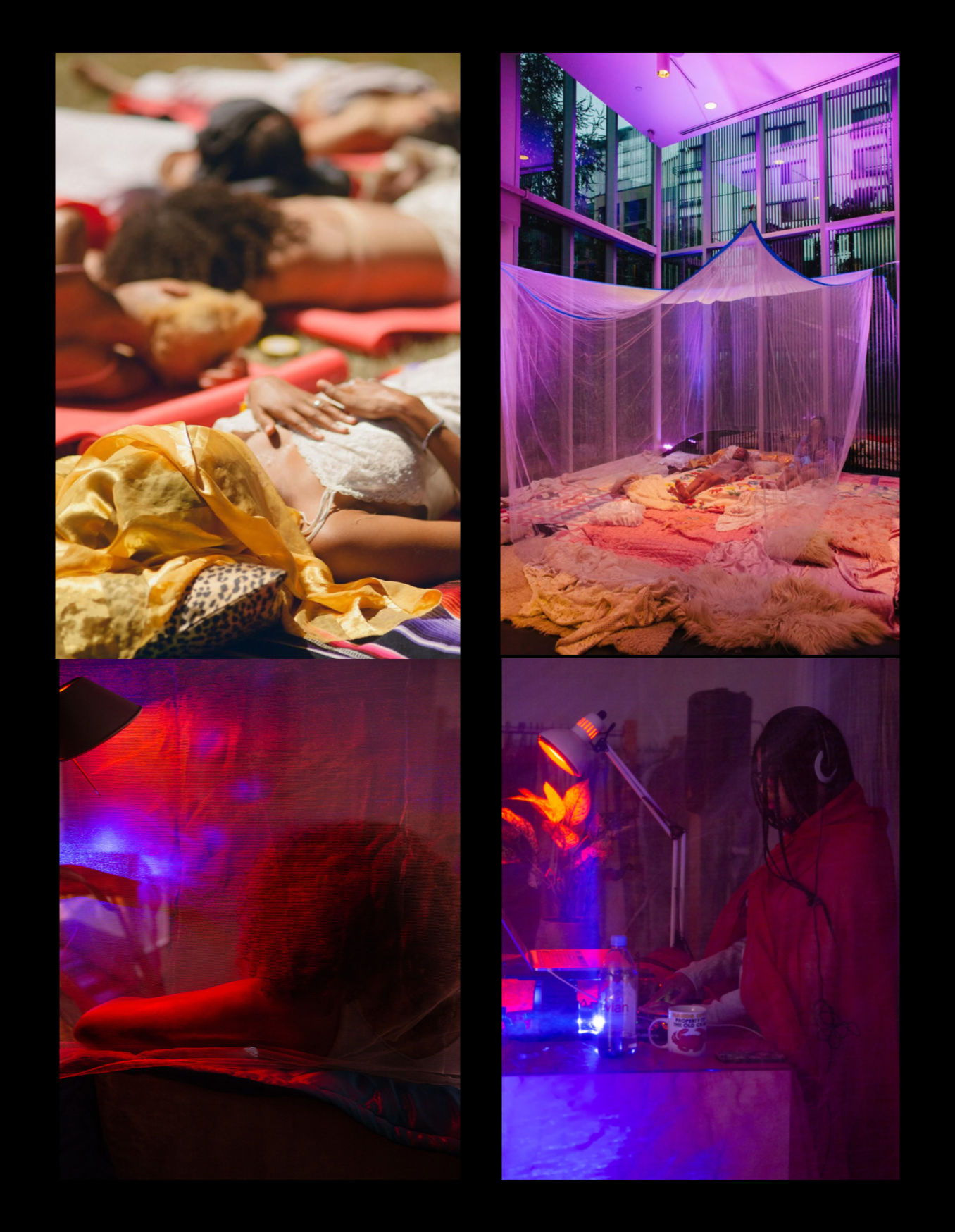 Top Left : Meditative sleep in Cal-Anderson Park Seattle; Top Right: Mia Imani Harrison and JOY MA in sleep protest at Seattle Art Museum’s Olympic Park Sculpture; Bottom Left: Participant resting on sleep pads; Bottom Right: JOY MA playing sounds for participants during performance at Prairie Underground in Seattle.