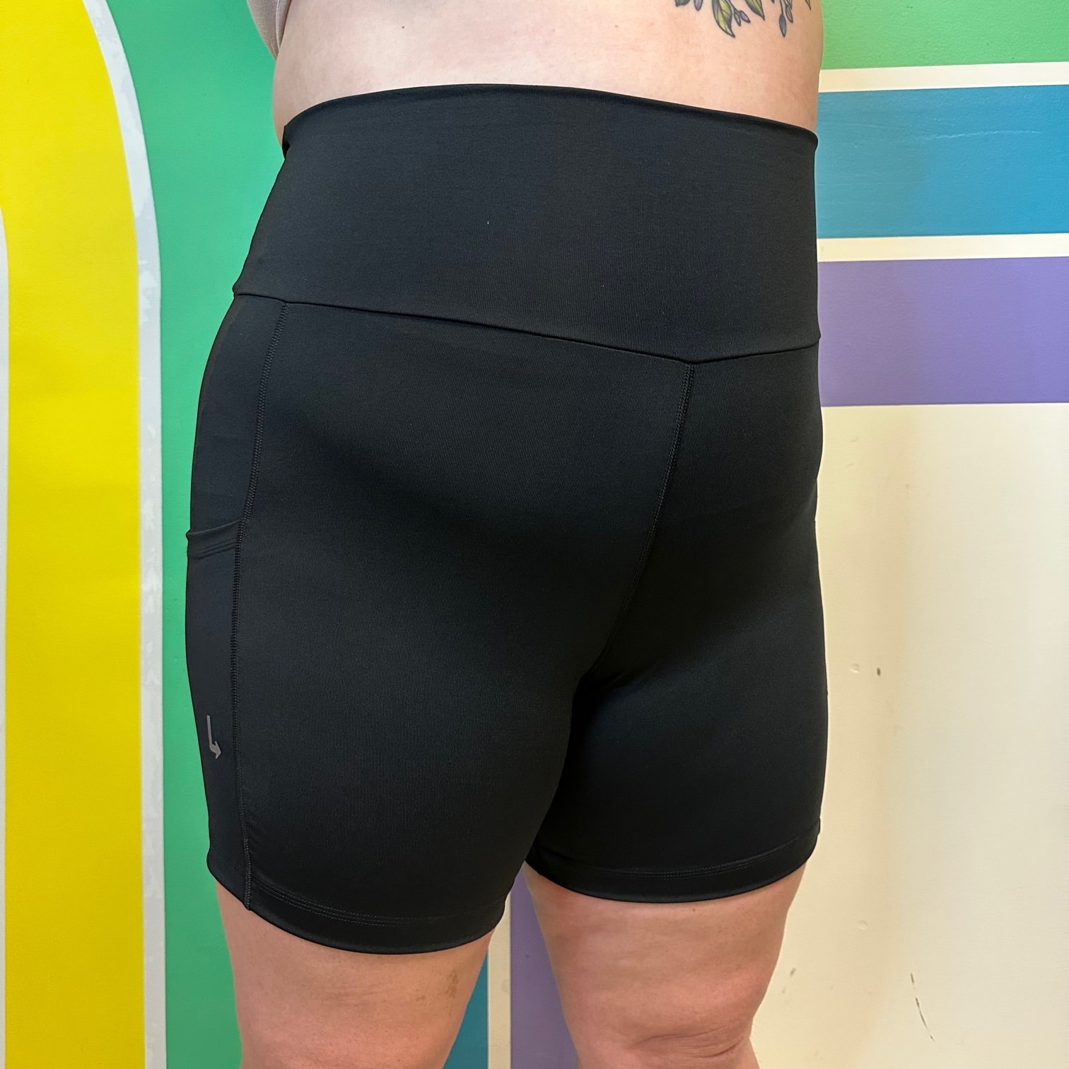 Front view of black pocket bike shorts by Left Turn Clothing.