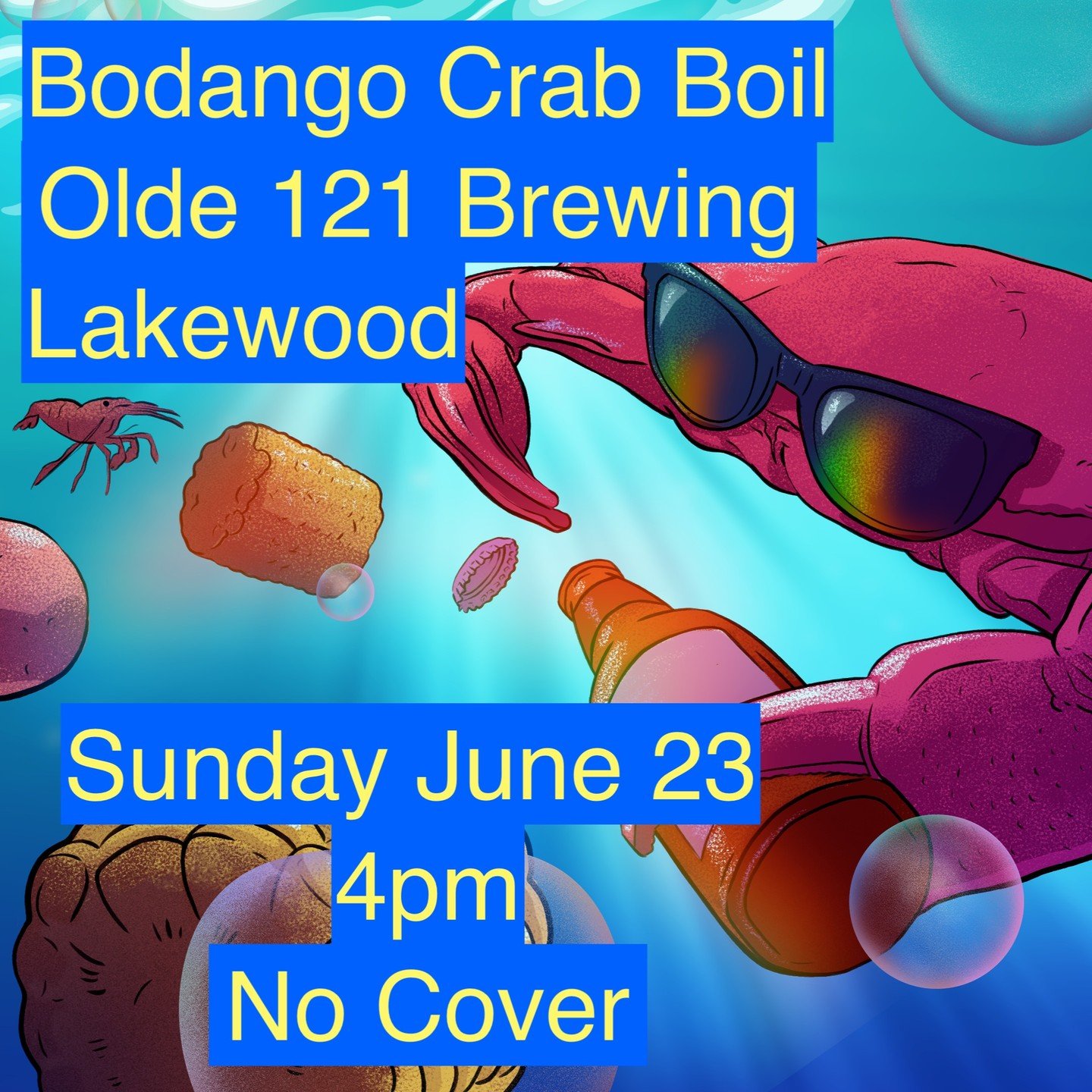 Free Crab Boil Block Party! 🦀🦀🦀

Come visit us at 4pm at @old121beer this Sunday June 23 as Bodango hosts our 2nd annual crab boil!

We'll be playing 2 sets as we celebrate summer, music and friends.

We can't wait to see you!! 🍺🦀