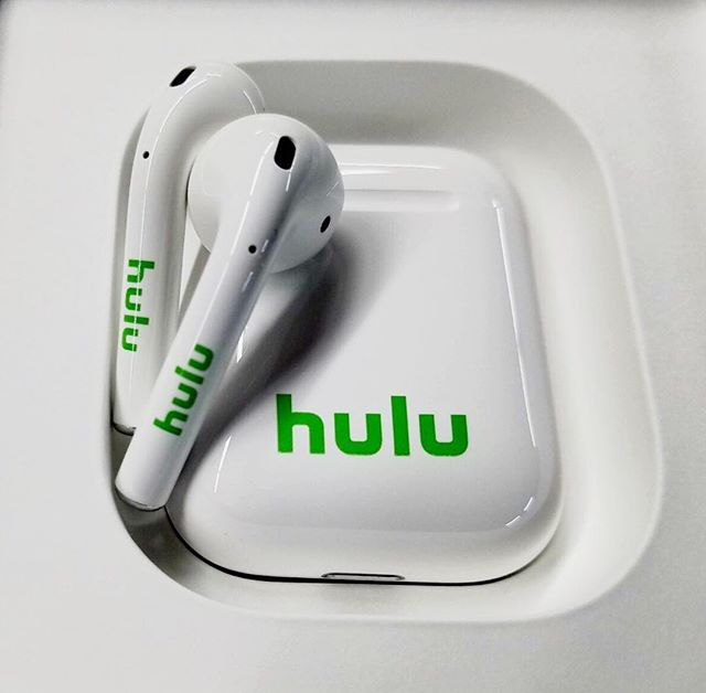 The top of the line for the top of the line! We&rsquo;re pretty excited over these custom apple AirPods we made for our friends at @hulu 😁🎧✨ #custom #airpods #swag #comotion #yeswecan