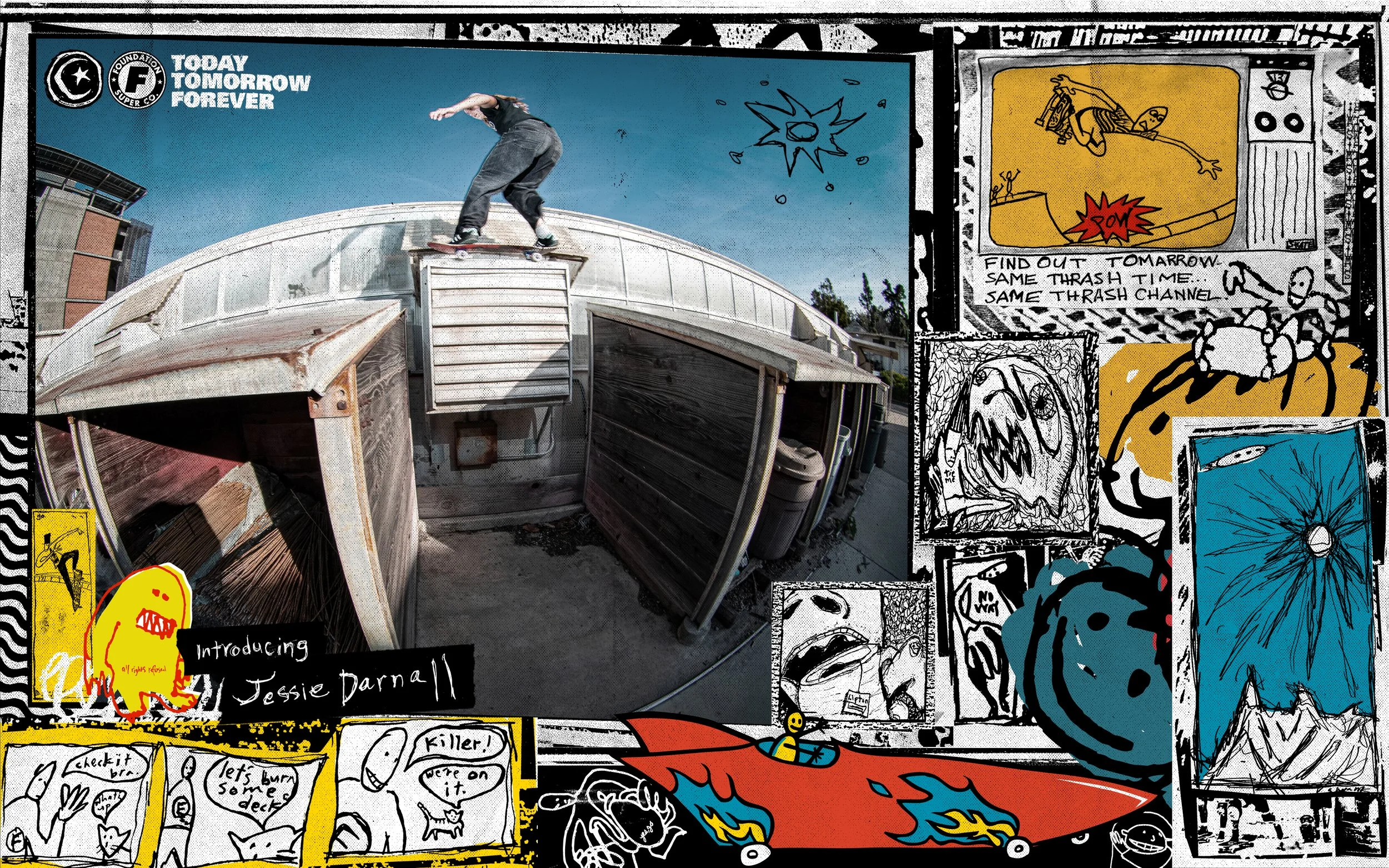 Skate shot of jessie darnall going over a gap with scribbly colorful foundation skateboards tod swank doodles around the photo