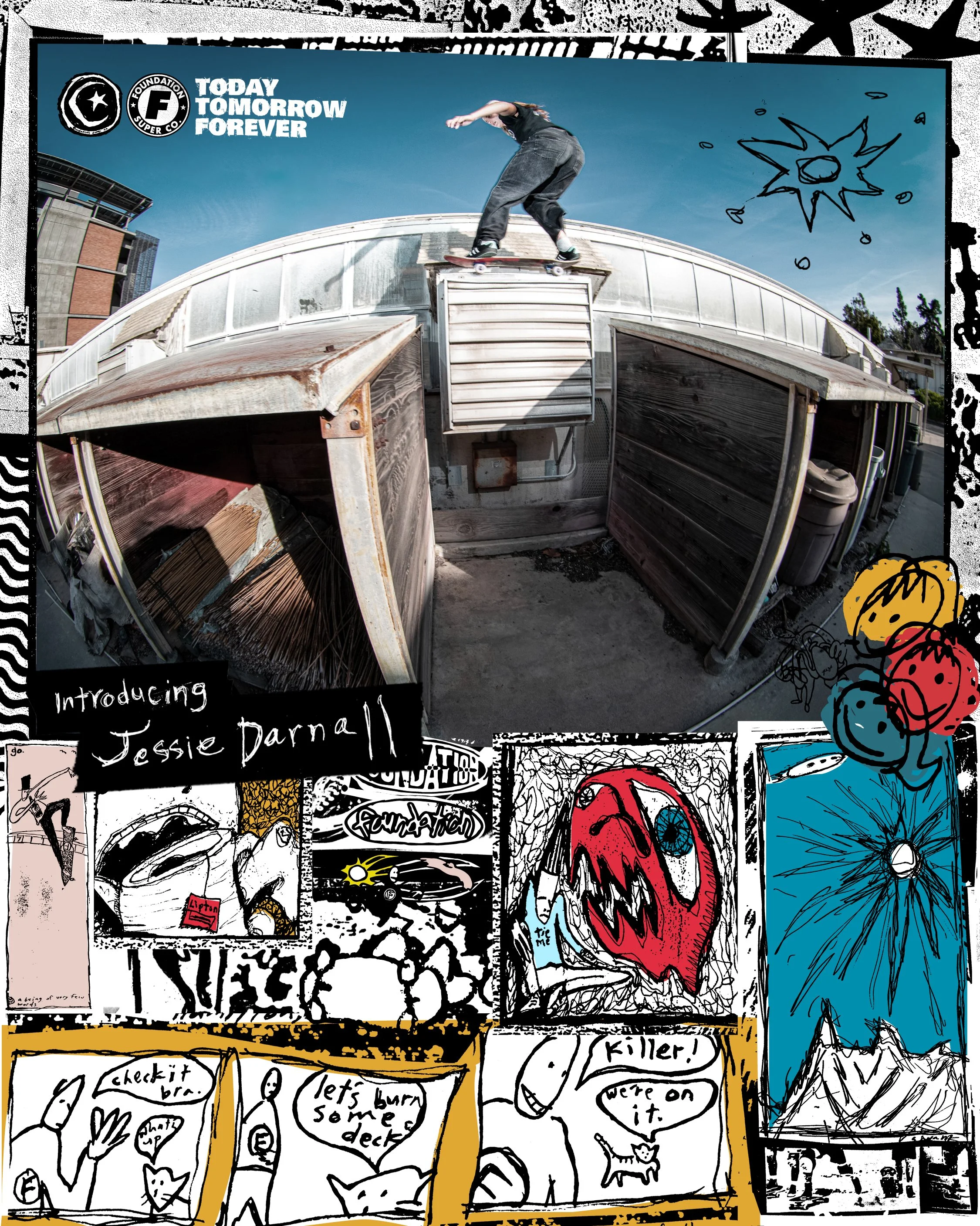 Skate shot of jessie darnall going over a gap with scribbly colorful foundation skateboards tod swank doodles around the photo