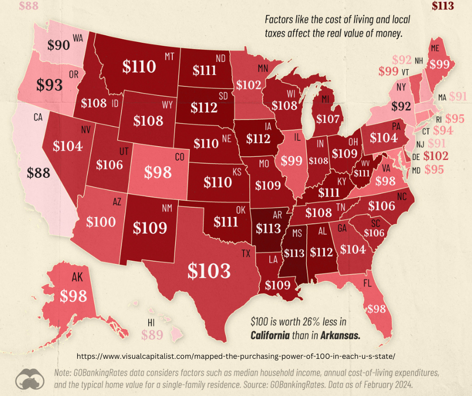 MONEYMapped: The Purchasing Power of $100 in Each U.S. State