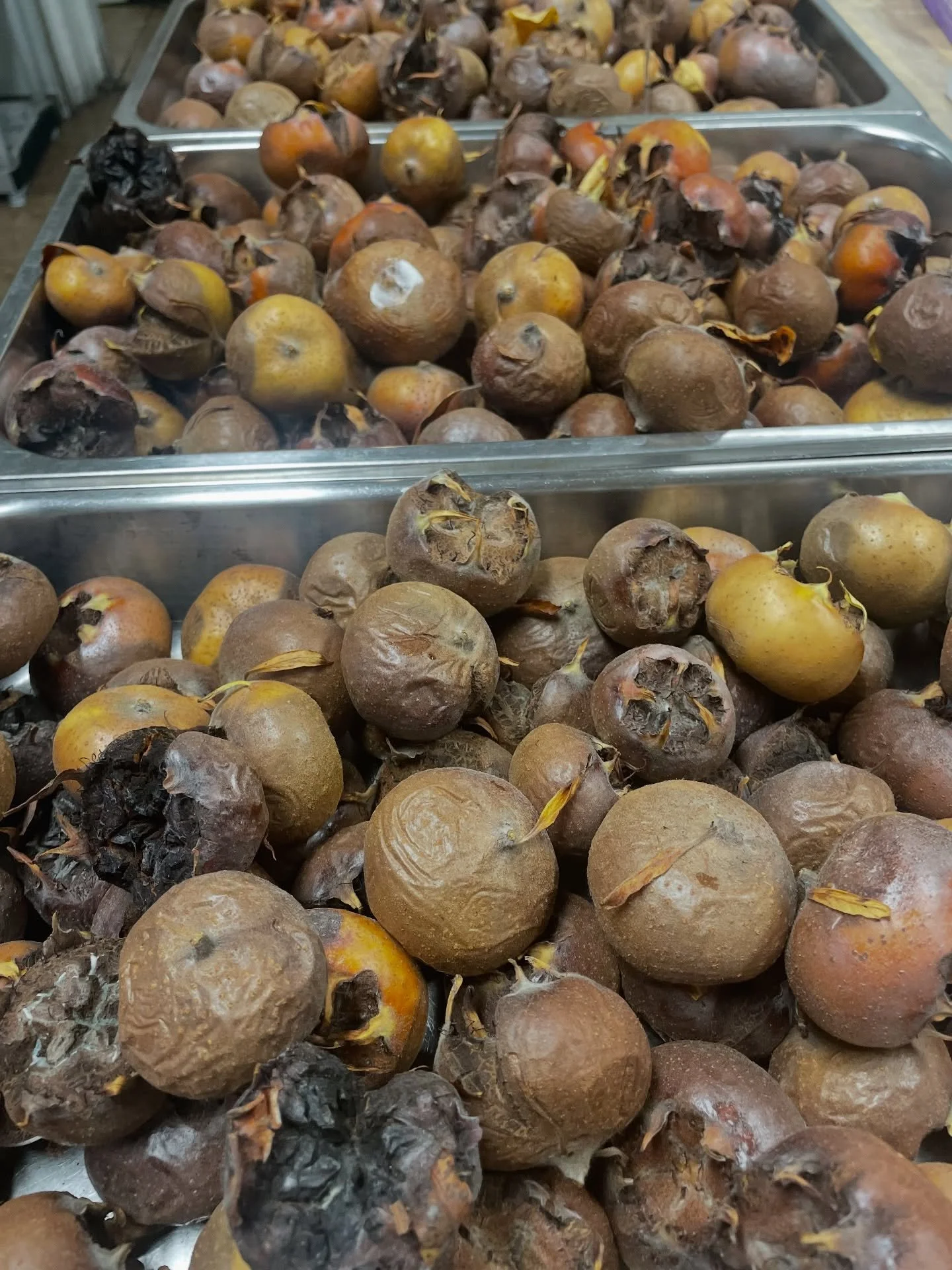 A woman with a small orchard in Sherwood called the restaurant asking if I&rsquo;d be interested in 30 pounds of fresh medlar.
Absolutely yes.
I always love playing with ingredients that are new to me, and medlar is a fascinating one. This fruit has 