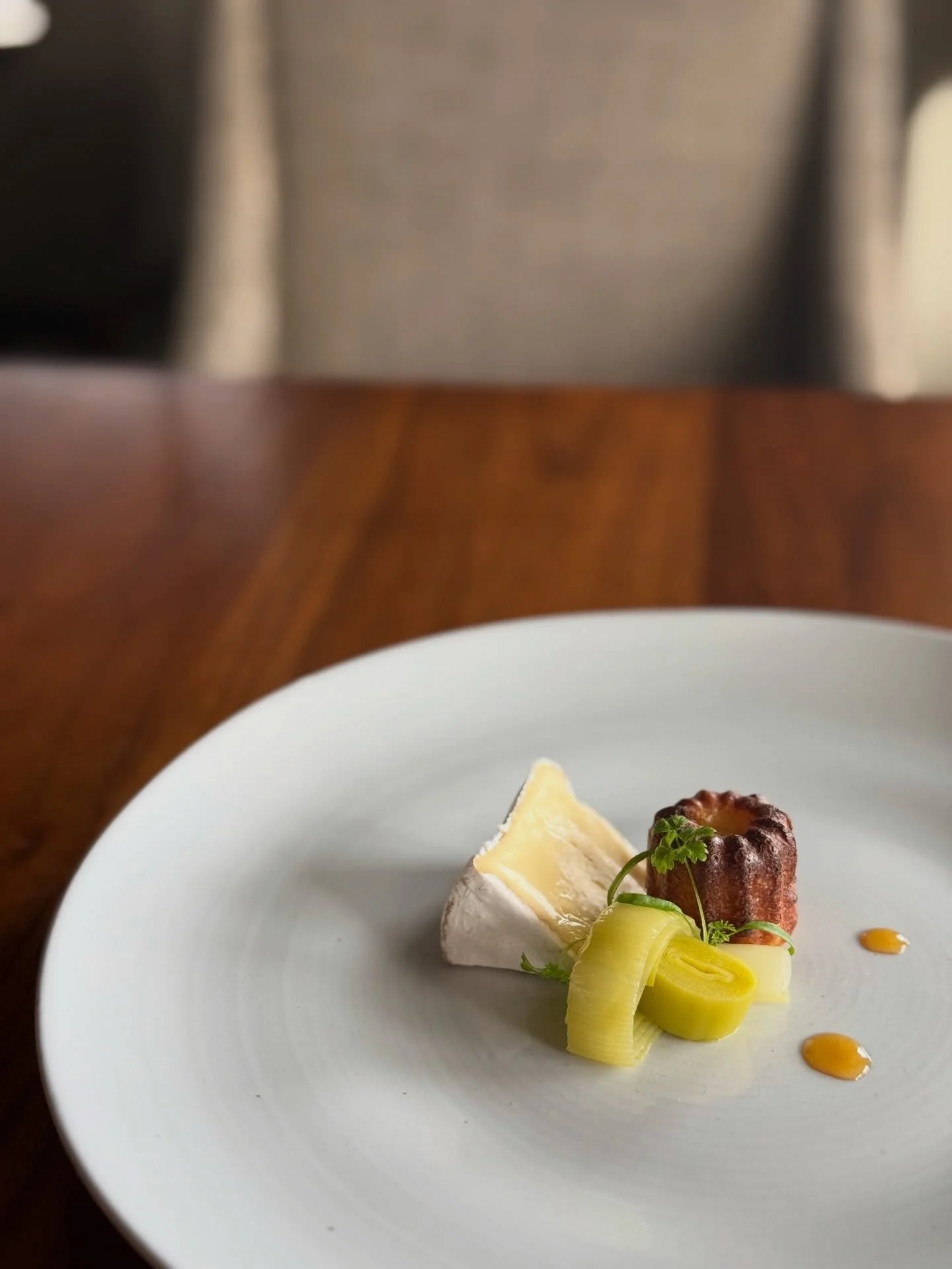 {6th Course, Cheese}
Tierra Del Mar Camembert from Nestucca Bay Creamery
Confit Leek and Garlic, Grapefruit Gastrique, Canele

In mid-February, my son Cooper and I went to Cloverdale off of Hwy 101 to visit @nestuccabaycreamery to source this amazing