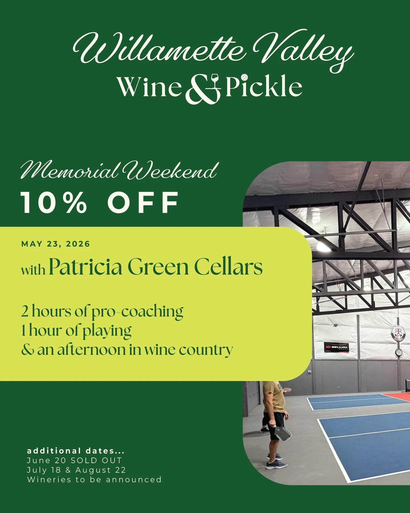 Dink and Drink this Memorial Weekend with @wvwinepickle 

Join us Saturday, May 23 for a Wine &amp; Pickle experience featuring @patriciagreencellars &mdash; and take 10% off as our holiday weekend gift to you.

Your day: 
↳ 2 hours of pro coaching w