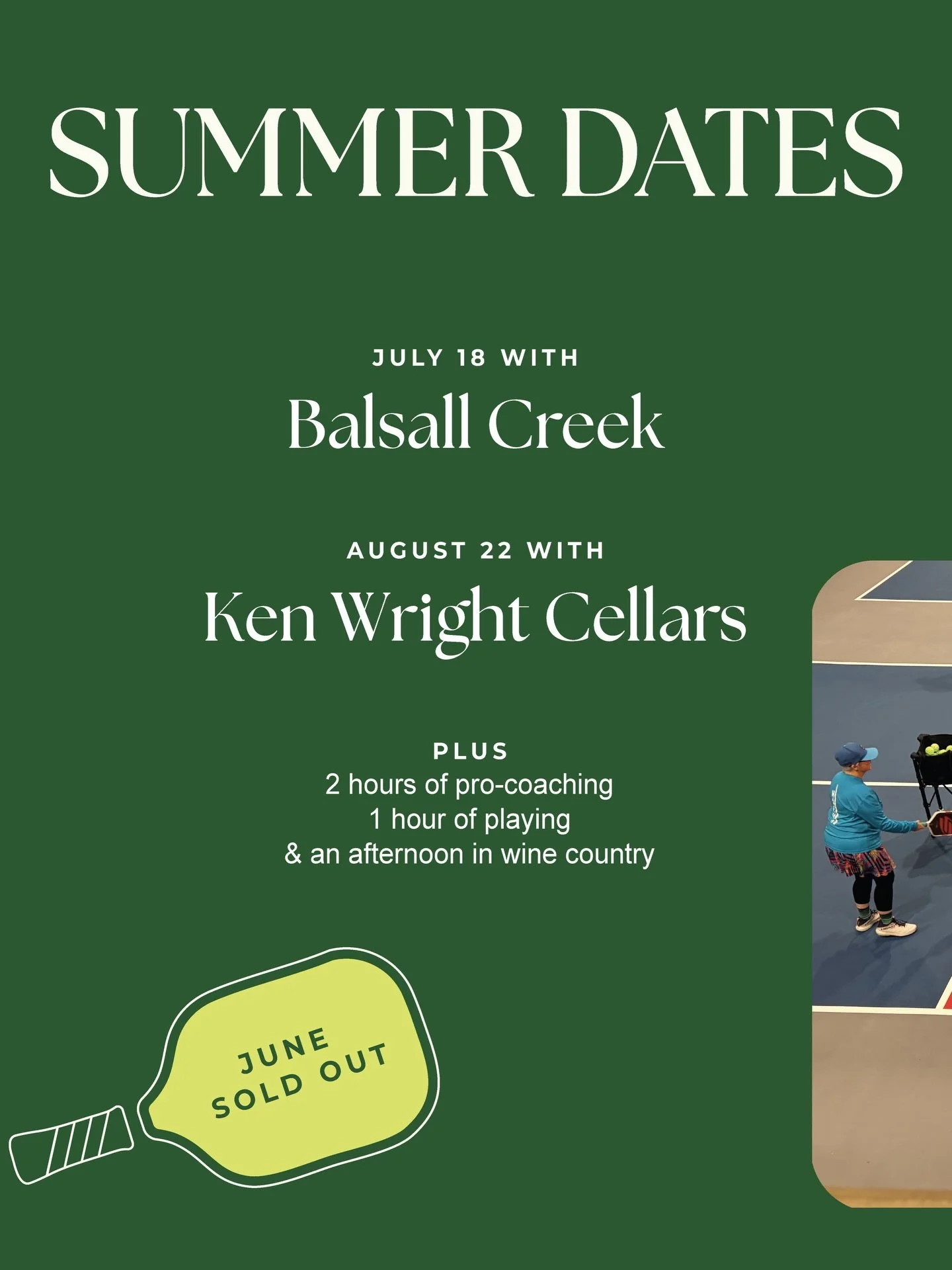 Dink &amp; Drink in Oregon Wine Country this summer. 

We&rsquo;ve finalized our winery partners for the rest of our summer dates! 

🍷 JULY 18 - @balsallcreek 
🍷 AUGUST 22 - @kwcellars 

2 hours of pro-coaching with @wesley_gabrielsen_pickleball 
1