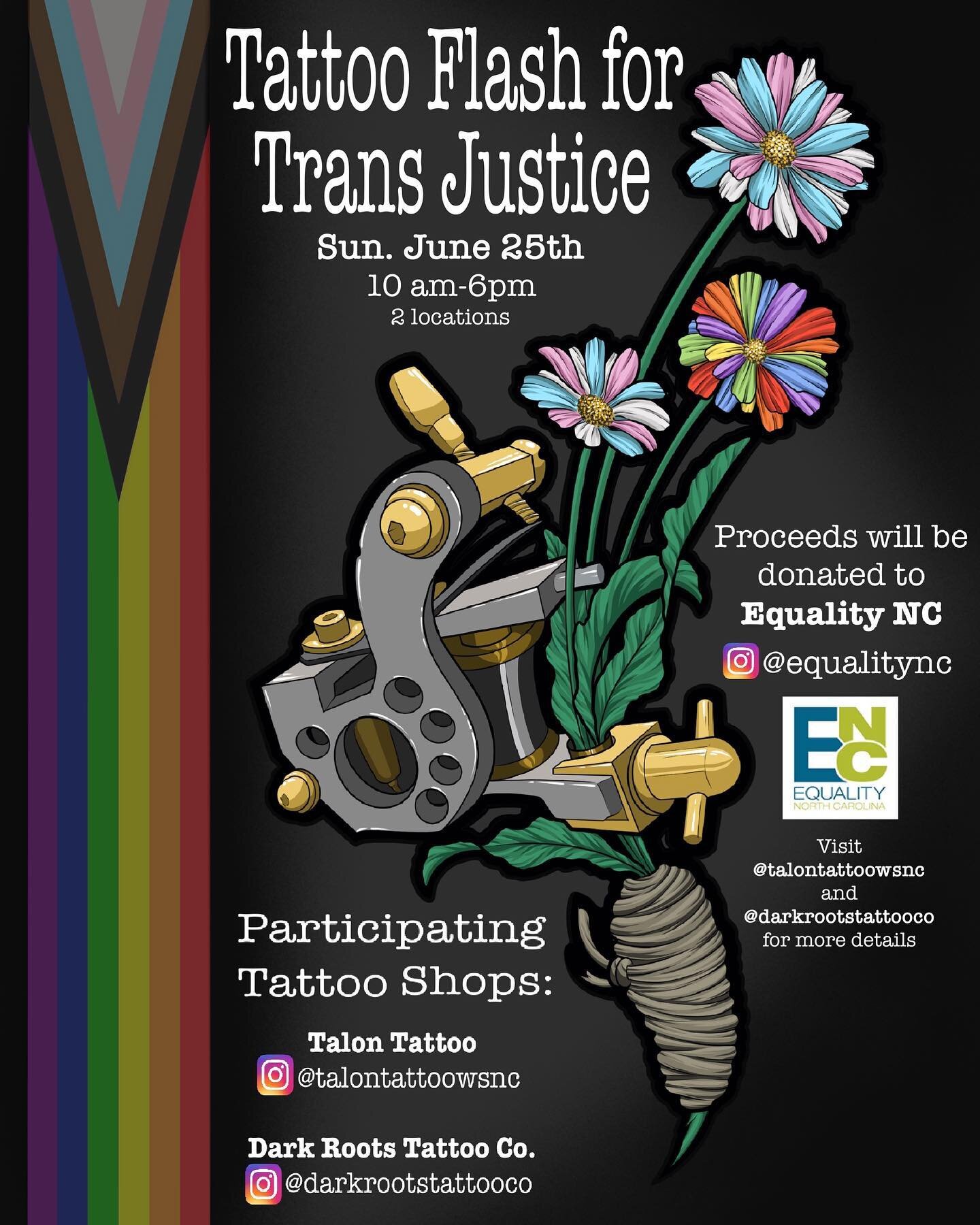 Talon Tattoo and @darkrootstattooco are teaming up during Pride Month this year for a great cause, and you&rsquo;re all invited!
As a lot of people are already aware, we have some very dangerous anti-trans and anti-drag bills coming from the NC Legis