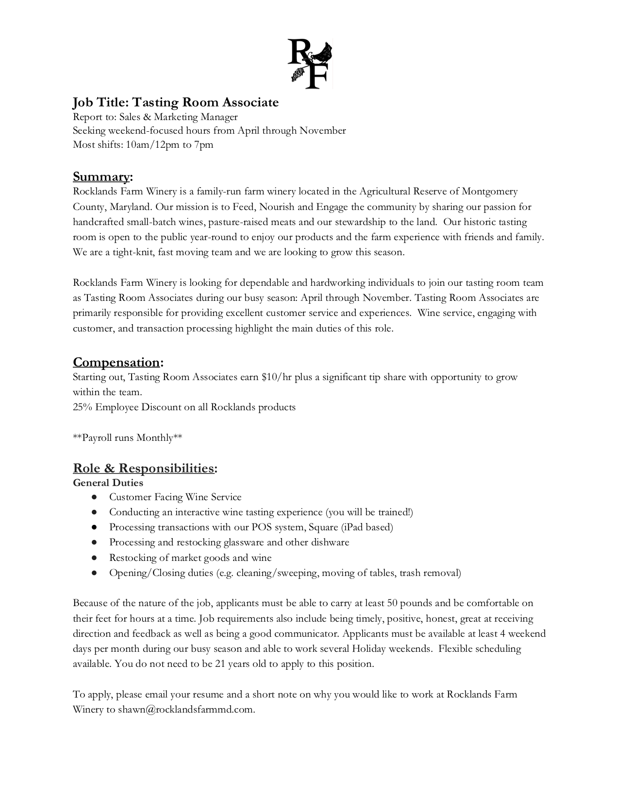 Job Description Tasting Room Associate — Rocklands Farm Winery