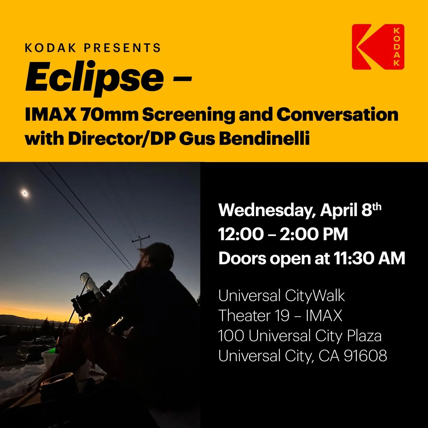 Come see the solar eclipse projected on IMAX 🎞️ shot by @gbendinelli, tech / AC @iancmueller, 65mm film cameras and lenses from @standard.camera