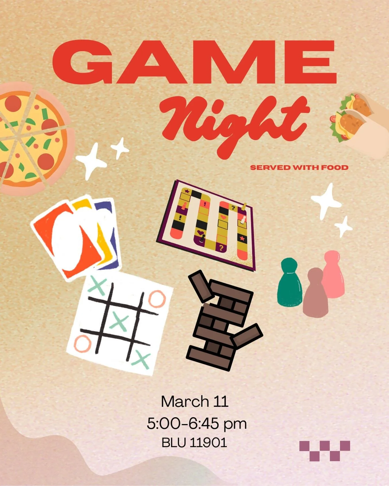 🍕Need a study break? Join us for Game Night with delicious food included!🎲

Feel free to bring your own favourite game to share!

🗓️ March 11 Wednesday 
📍 BLU 11901 
🕣 5:00-6:45 pm

See you there!

#simonfraseruniversity #campusunited