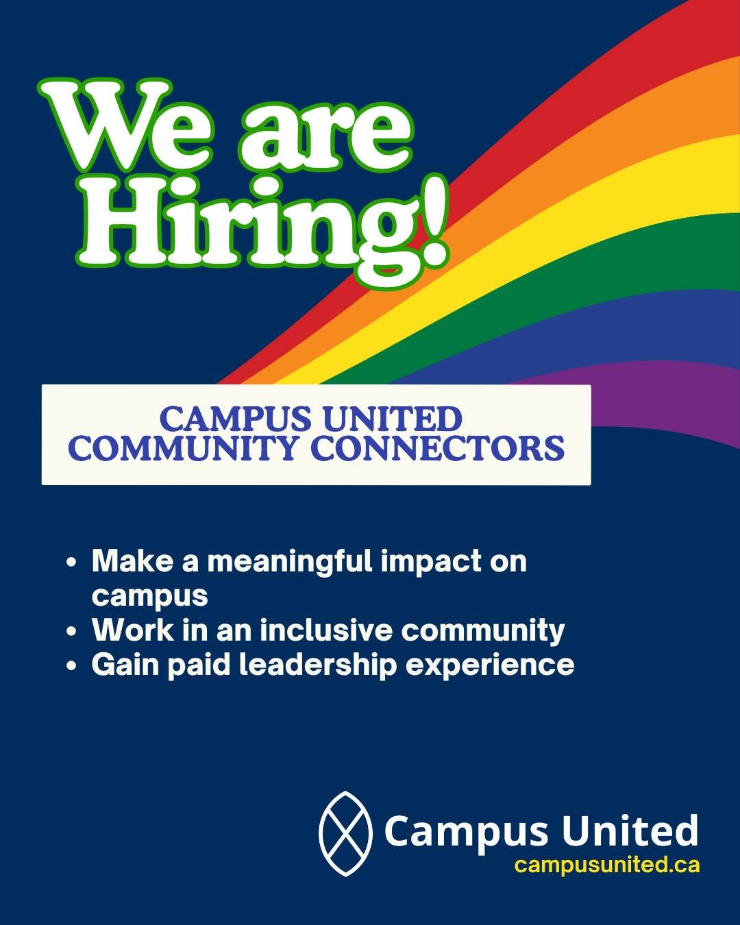 We are hiring Community Connectors!!! 

Community Connectors work directly with Campus United Ministers of the United Church to build an inclusive and affirming community on campus. 
If you're interested in supporting student engagement, promoting so