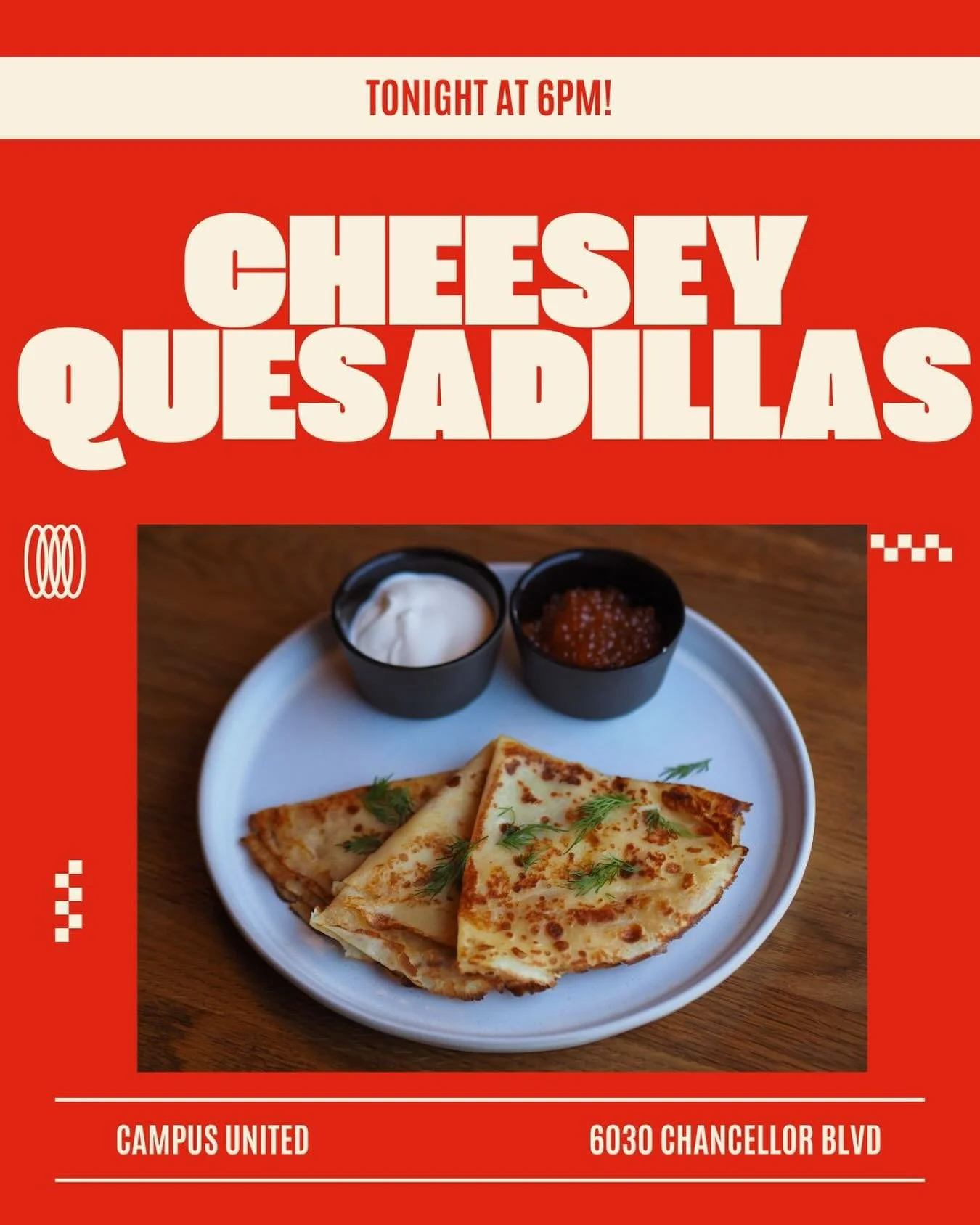 The semester is coming to an end! Take a break from studying with some cheesy quesadillas 🧀

Come by 6030 Chancellor Blvd at 6pm today!