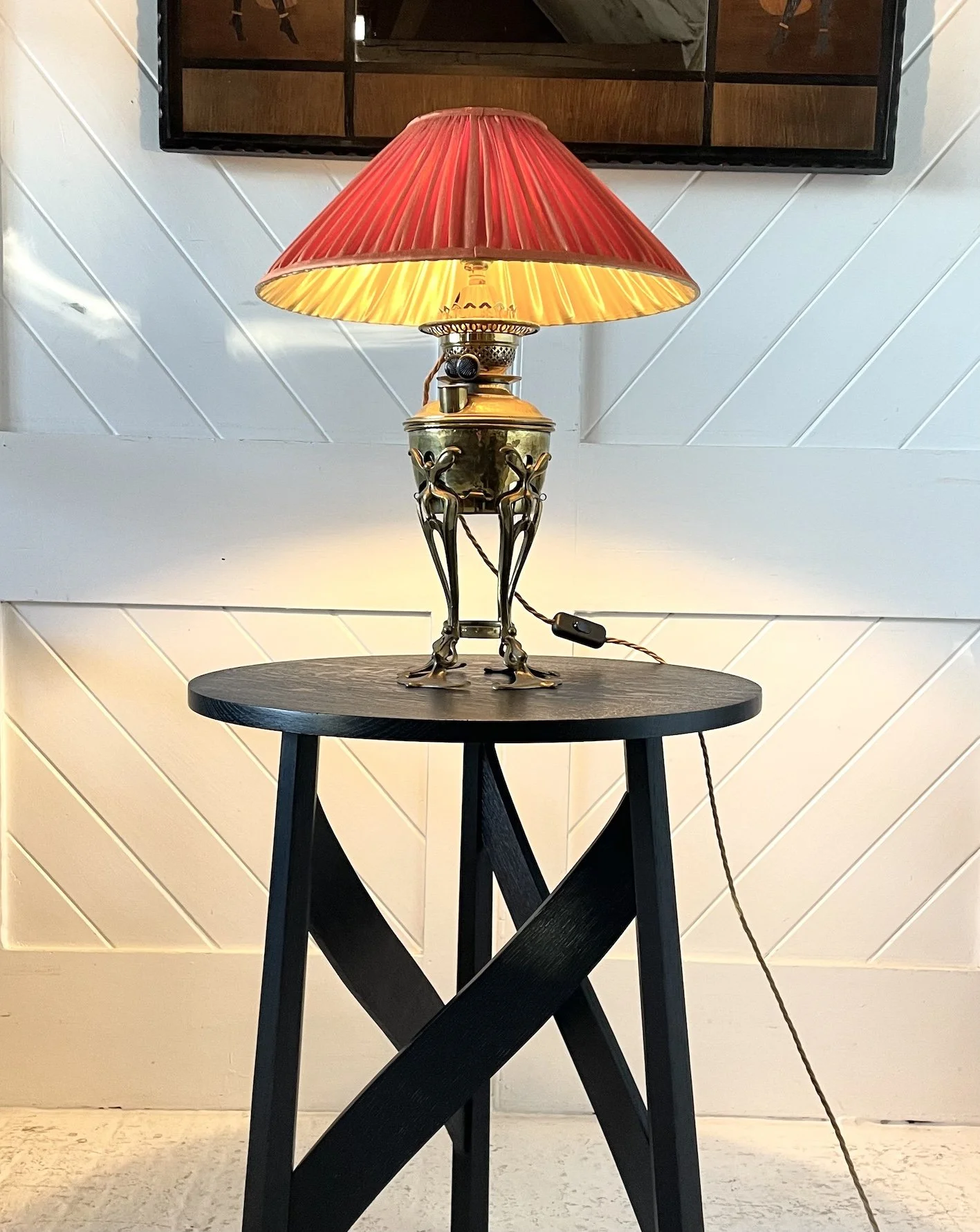 Arts & Crafts Brass Table Lamp with Stylised Mistletoe Design