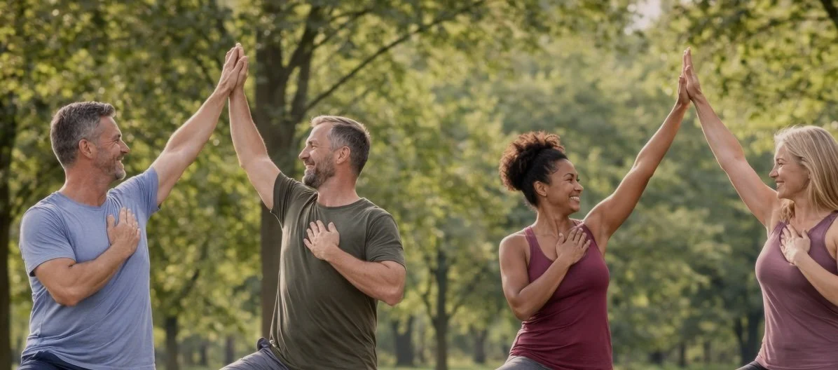 Two couples practicing partner yoga in a park during daytime, performing high-five poses with one hand and placing their other hands on their chest.