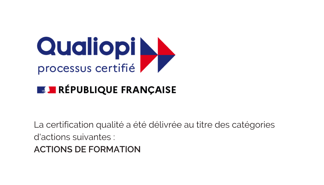 Logo de Qualiopi avec le texte "processus certifié" et "RÉPUBLIQUE FRANÇAISE" avec drapeau français, sur fond blanc.