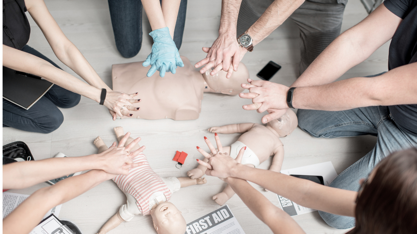 Groupe de personnes en train de pratiquer une formation de premiers secours avec des mannequins pour la réanimation.