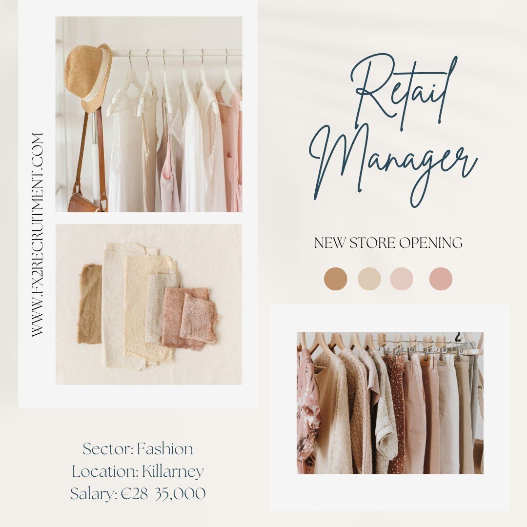 Store Manager &amp; Assistant Manager required for a NEW Fashion Retailer opening soon in Killarney. Apply with your CV today fionakeegan@fx2recruitment.com or checkout www.fx2recruitment.com for more info

#recruitment #cv #fashion #retailmanagement