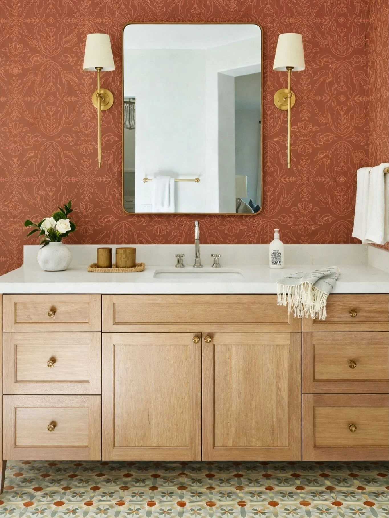 Warm, bold, and full of character 🔥

Paired this vintage-inspired geometric tile with a rich, earthy wallpaper to create a space that actually feels designed&mdash;not just finished. The floor brings the pattern and movement, while the wallpaper add