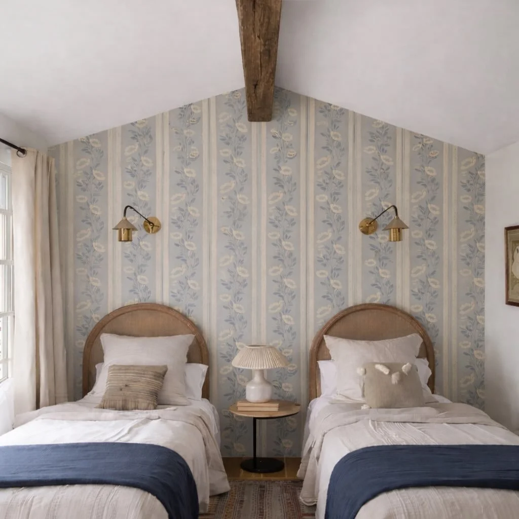 Soft, timeless, and just the right amount of charm 🤍

This wallpaper brings a quiet elegance to the room with its delicate floral pattern and classic stripe layout. The muted blue tones create a calming backdrop, while the vertical lines subtly draw