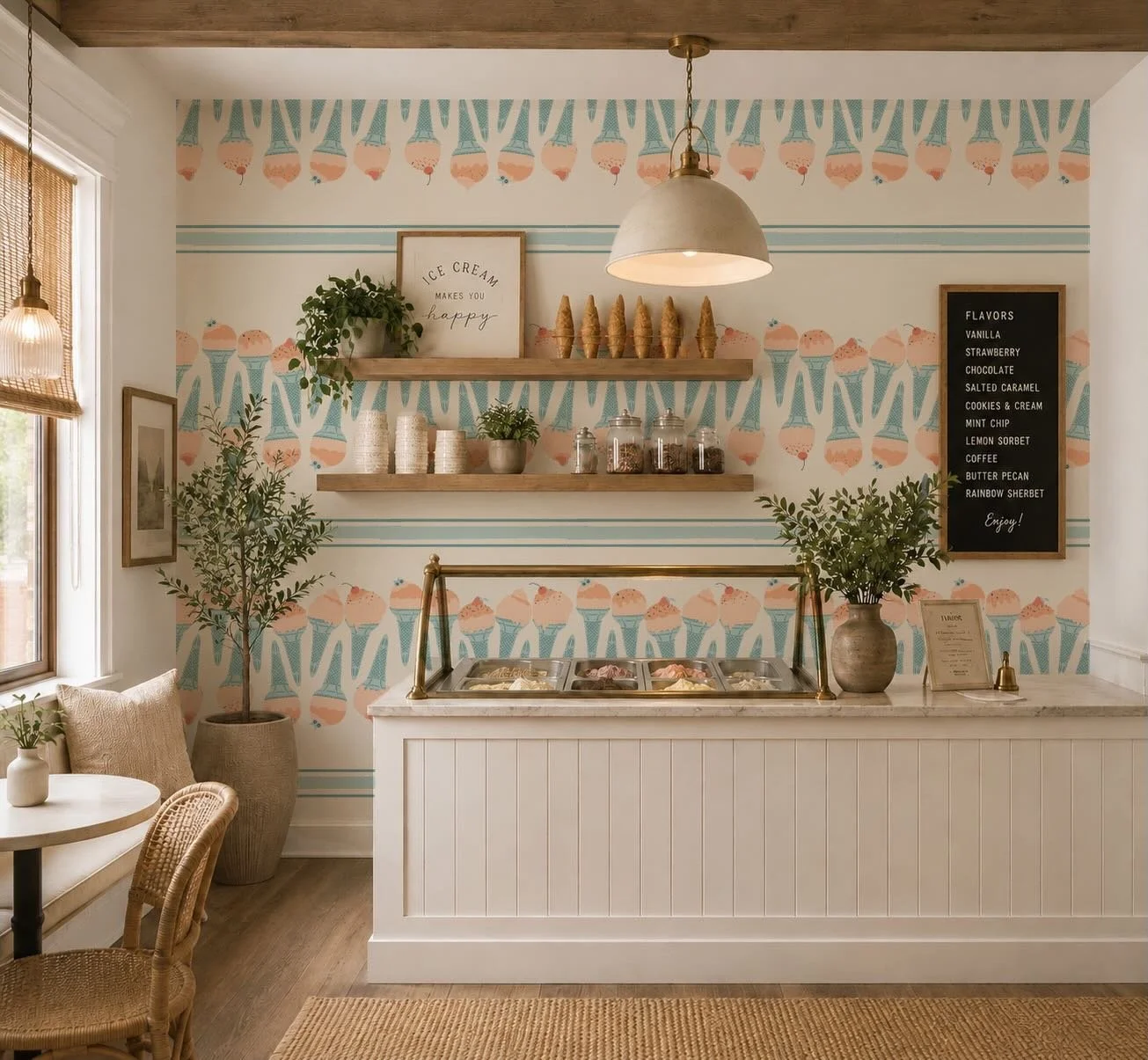 Scoops of sweetness, stripes of nostalgia, and a sprinkle of whimsy. This playful ice cream wallpaper brings all the charm of a favorite neighborhood ice cream parlor to life. Soft pastel cones, vintage-inspired details, and cheerful colors create a 