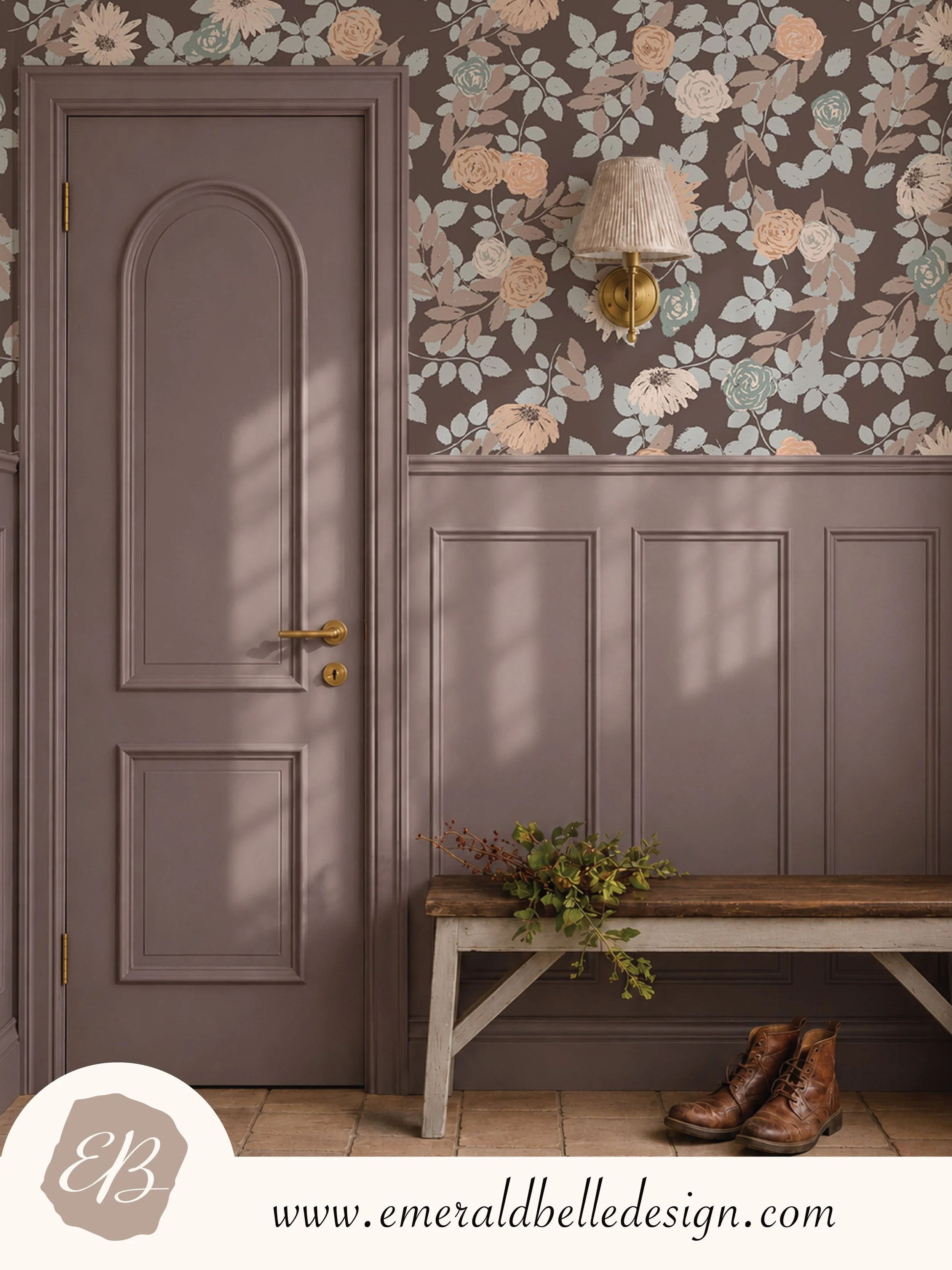 A warm, moody floral wallpaper designed to bring an heirloom feel to your home. Soft blue, blush and cream botanicals pair beautifully with rich brown tones, painted millwork and aged brass. Perfect for entryways, powder rooms, bedrooms and cozy cott