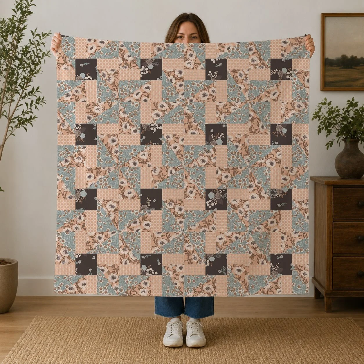 Modern Heirloom Floral Quilt | Cottage-Inspired Fabric

A modern heirloom made for slow mornings, cozy rooms, and pieces meant to be kept. 🤎 This quilt brings together layered florals, soft blue, warm peach, and deep charcoal in a collected patchwor