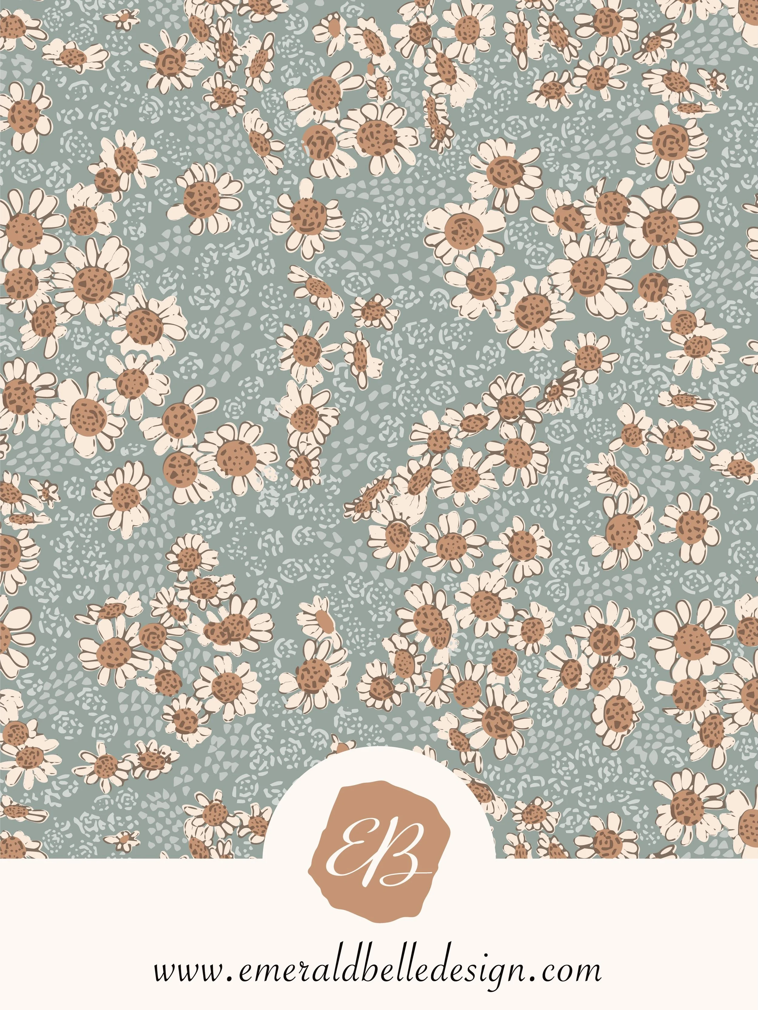 Dusty Blue Daisy Meadow - Soft daisies scatter across a dusty blue ground in this charming modern heirloom floral. Warm, nostalgic, and easy to layer into cottage-inspired spaces. Shop this pattern on Spoonflower for wallpaper, fabric &amp; home d&ea