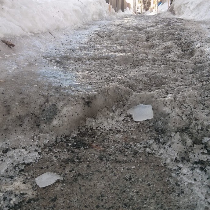 Rock salt on an icy sidewalk, February 2015