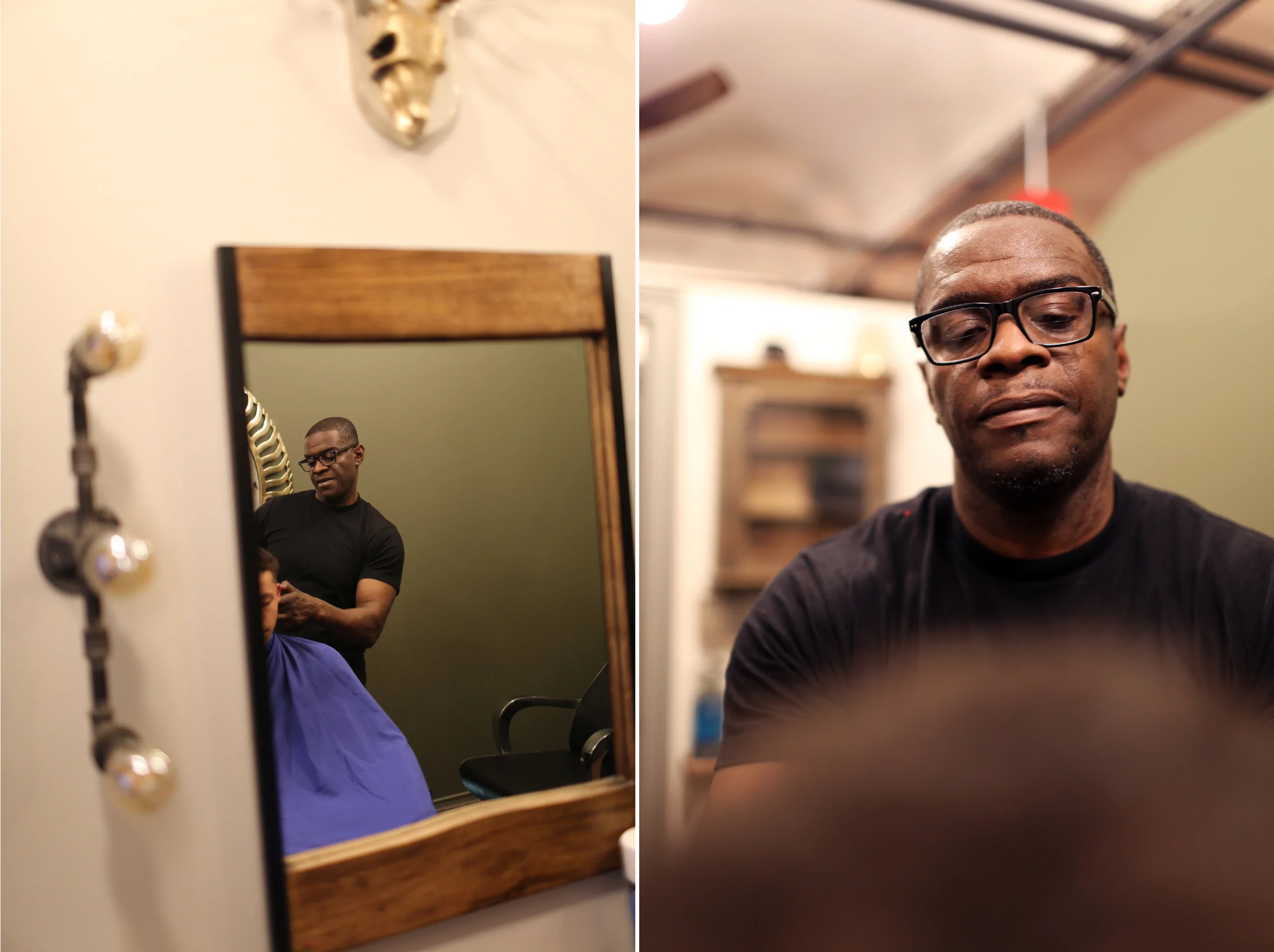 Mark Denny with a customer at his barbershop. Photo by Kunjo.