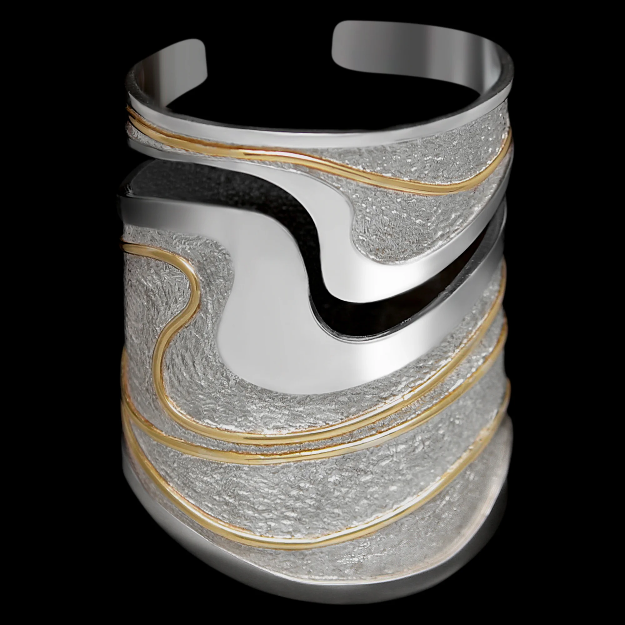 FRIDA | Fine Jewellery. Ocean Collection, Small Wave cuff. Custom designed cuff in sterling silver and 18kt gold. View 2.
