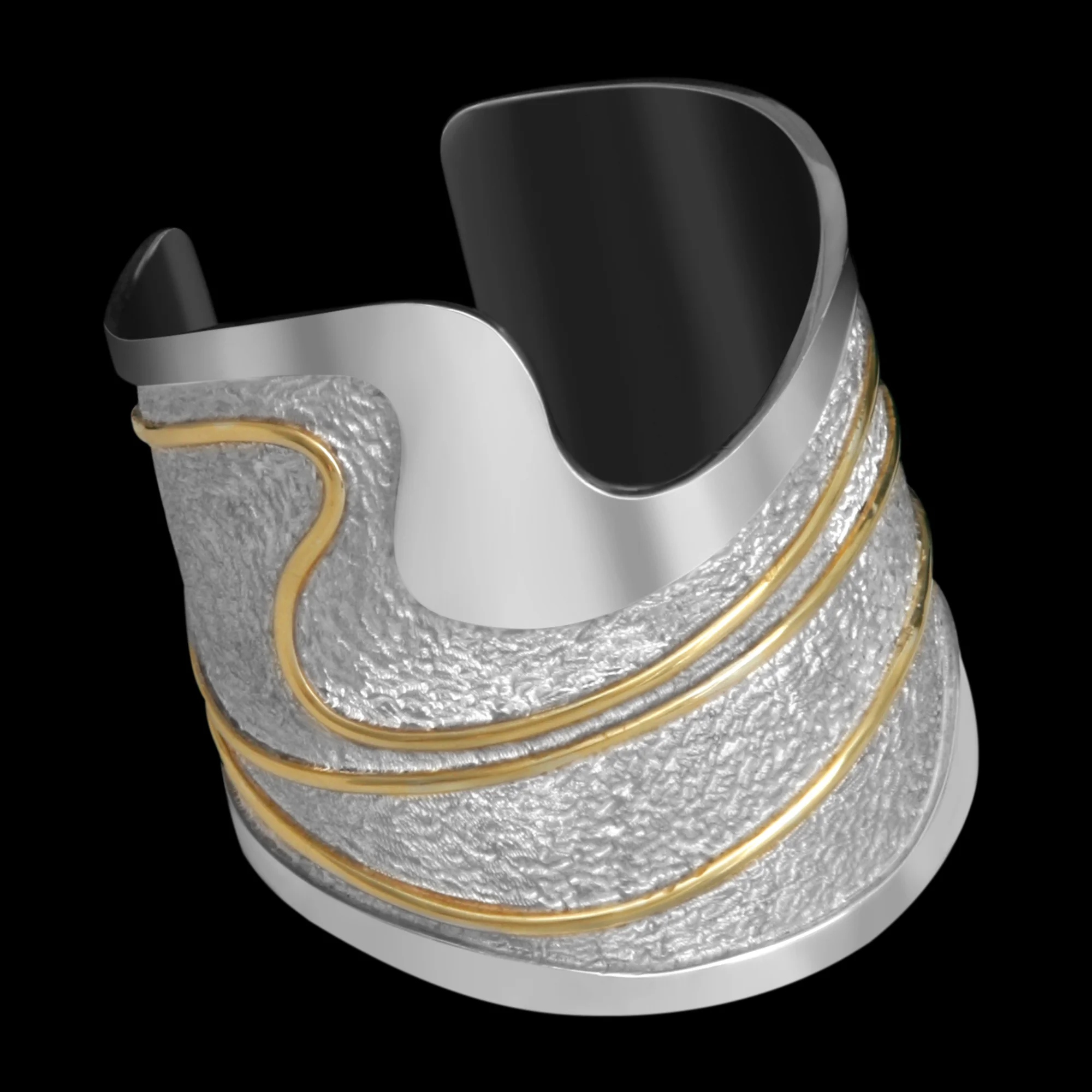 FRIDA | Fine Jewellery. Ocean Collection, Wave cuff. Custom designed cuff in sterling silver and 18kt gold. View 1.