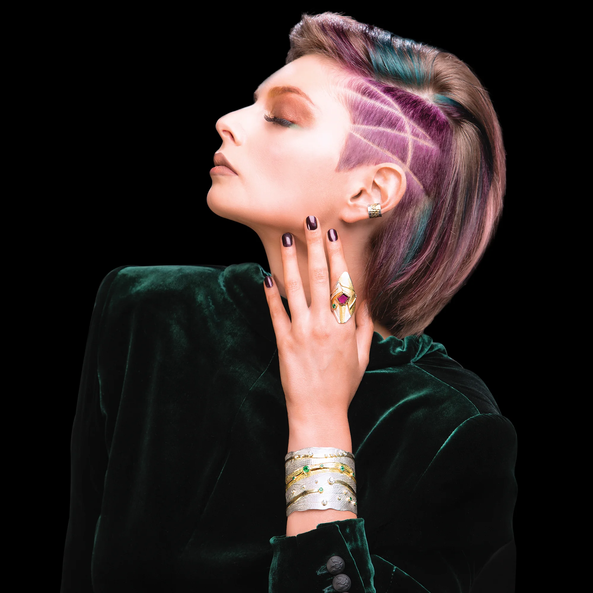 FRIDA | Fine Jewellery. Shield™ Collection. Emma Lamb modeling sterling silver and 18kt yellow gold cuff and ring with gemstones.