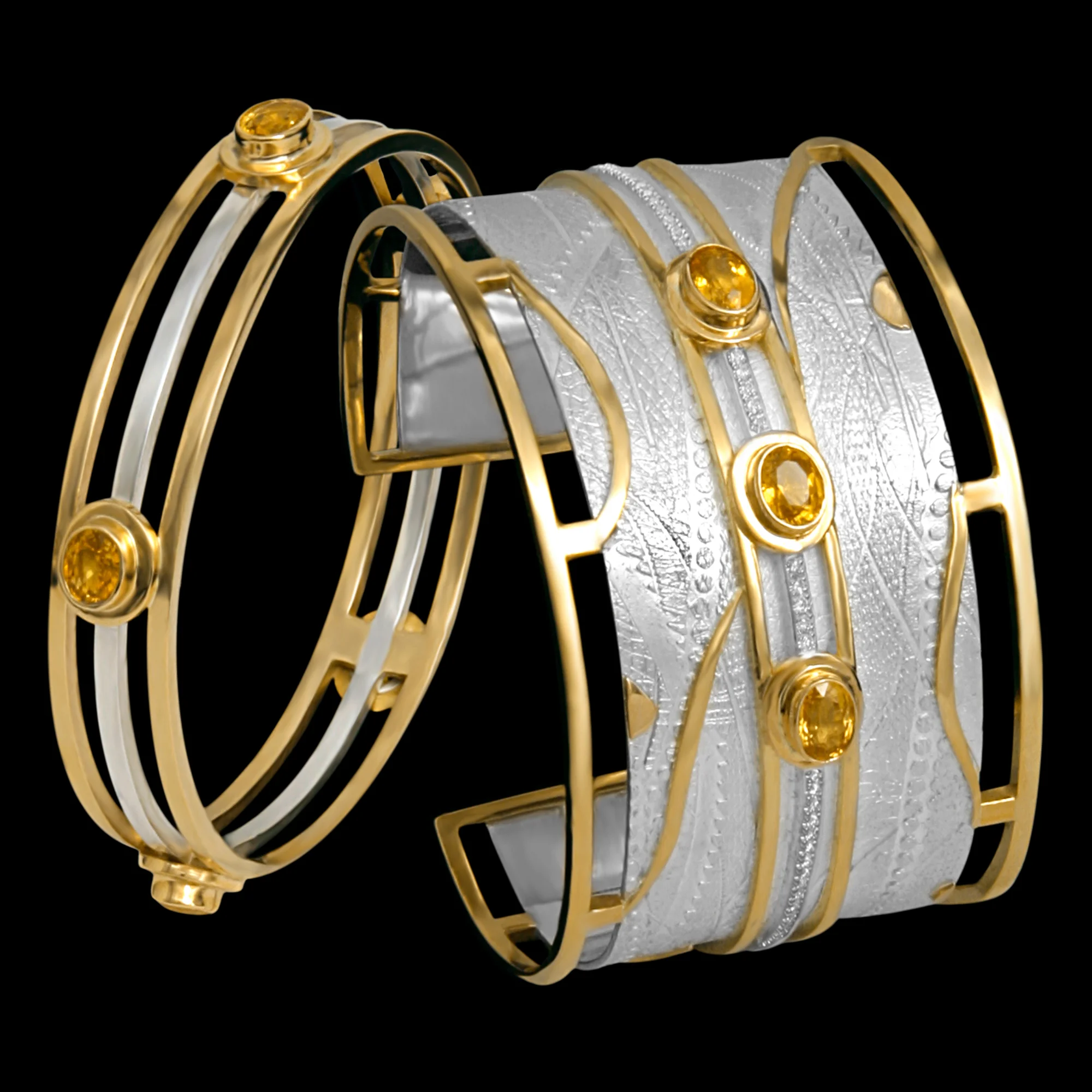 FRIDA | Fine Jewellery. Shield™ Collection, Reign cuff and bangle. Custom designed cuff in sterling silver and 18kt yellow gold set yellow sapphires and brilliant-cut diamonds.