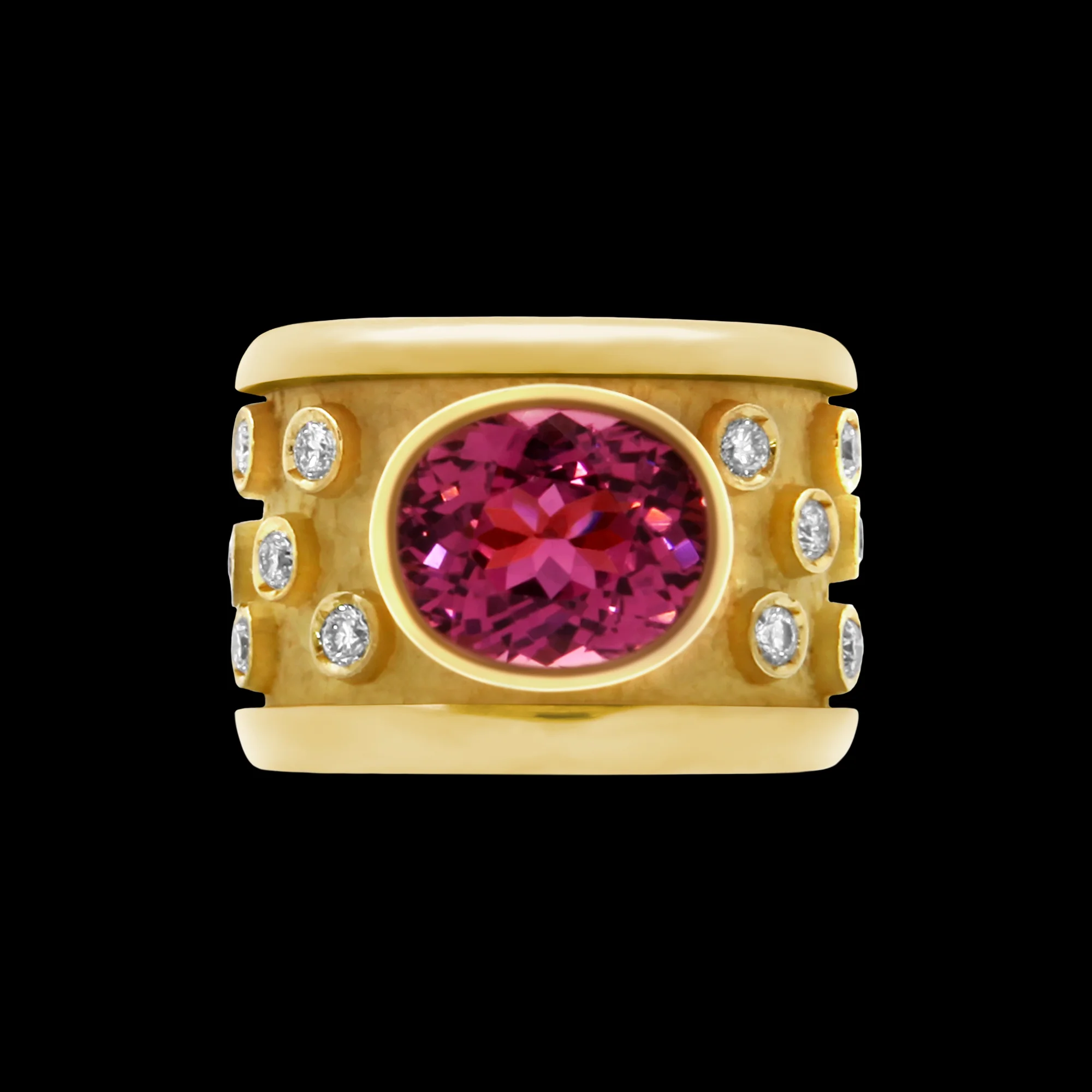 FRIDA | Fine Jewellery. Shield™ Collection, Borja ring. Custom designed ring in 18kt yellow gold set with faceted tourmaline and brilliant-cut diamonds. View 2.