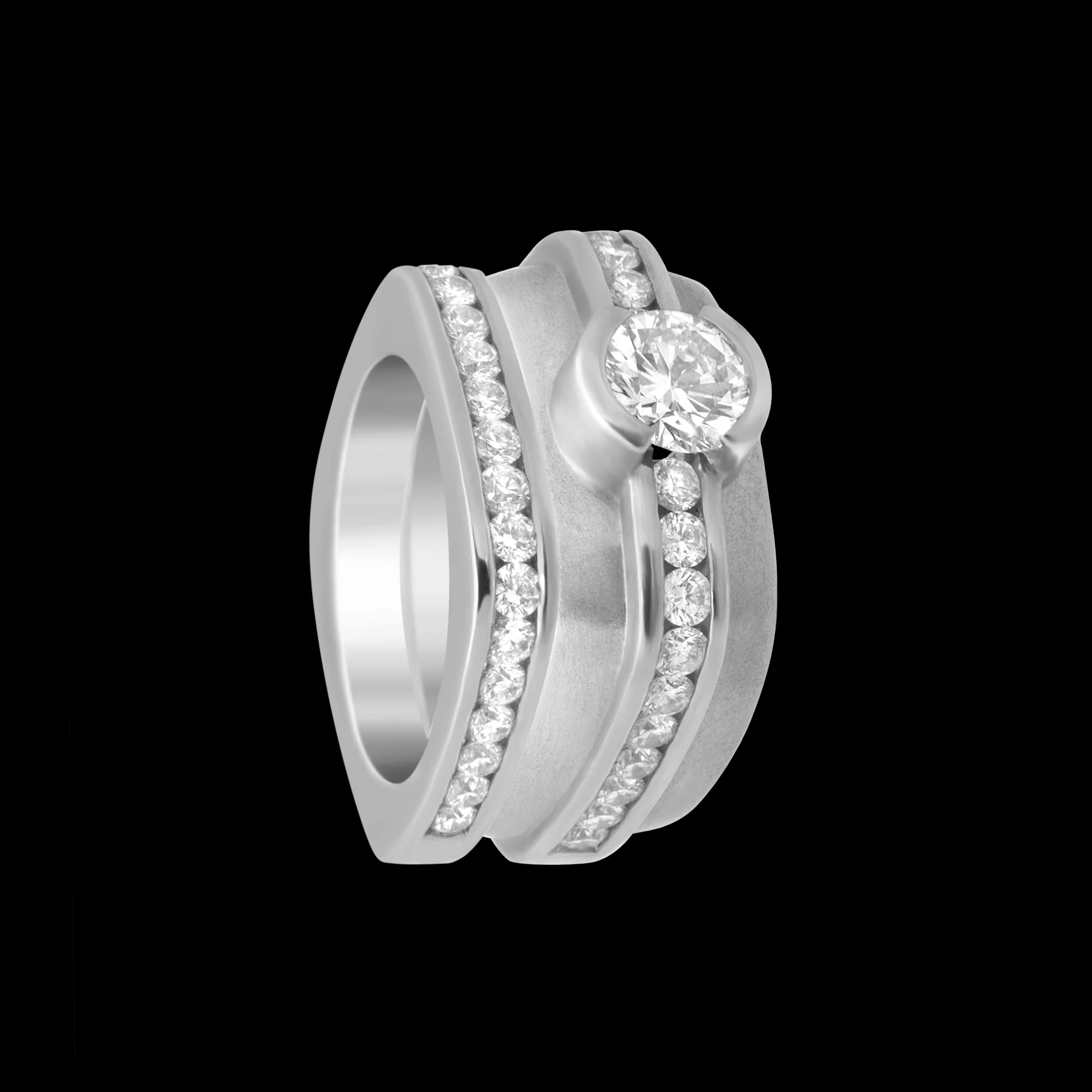 FRIDA | Fine Jewellery. Elska Collection. Rounded-square ring and matching band in 18kt palladium white gold set with brilliant-cut diamonds. View3.jpg