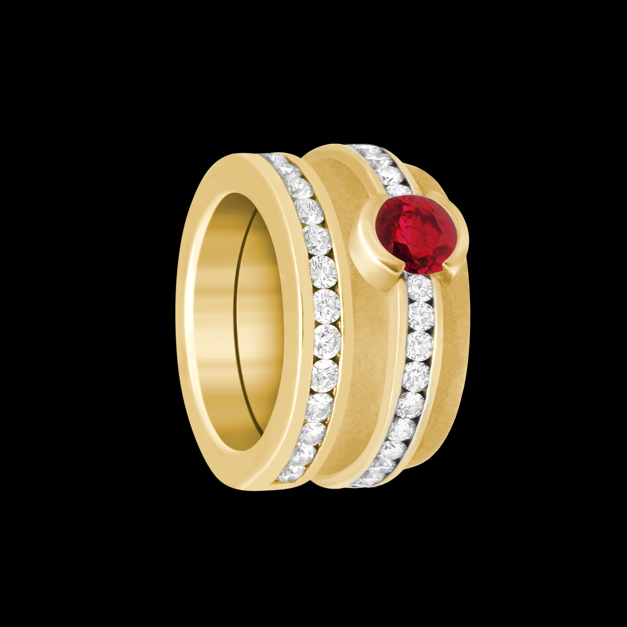 FRIDA | Fine Jewellery. Elska Collection. Round ring and matching band in 18kt yellow gold set with a ruby and brilliant-cut diamonds.jpg