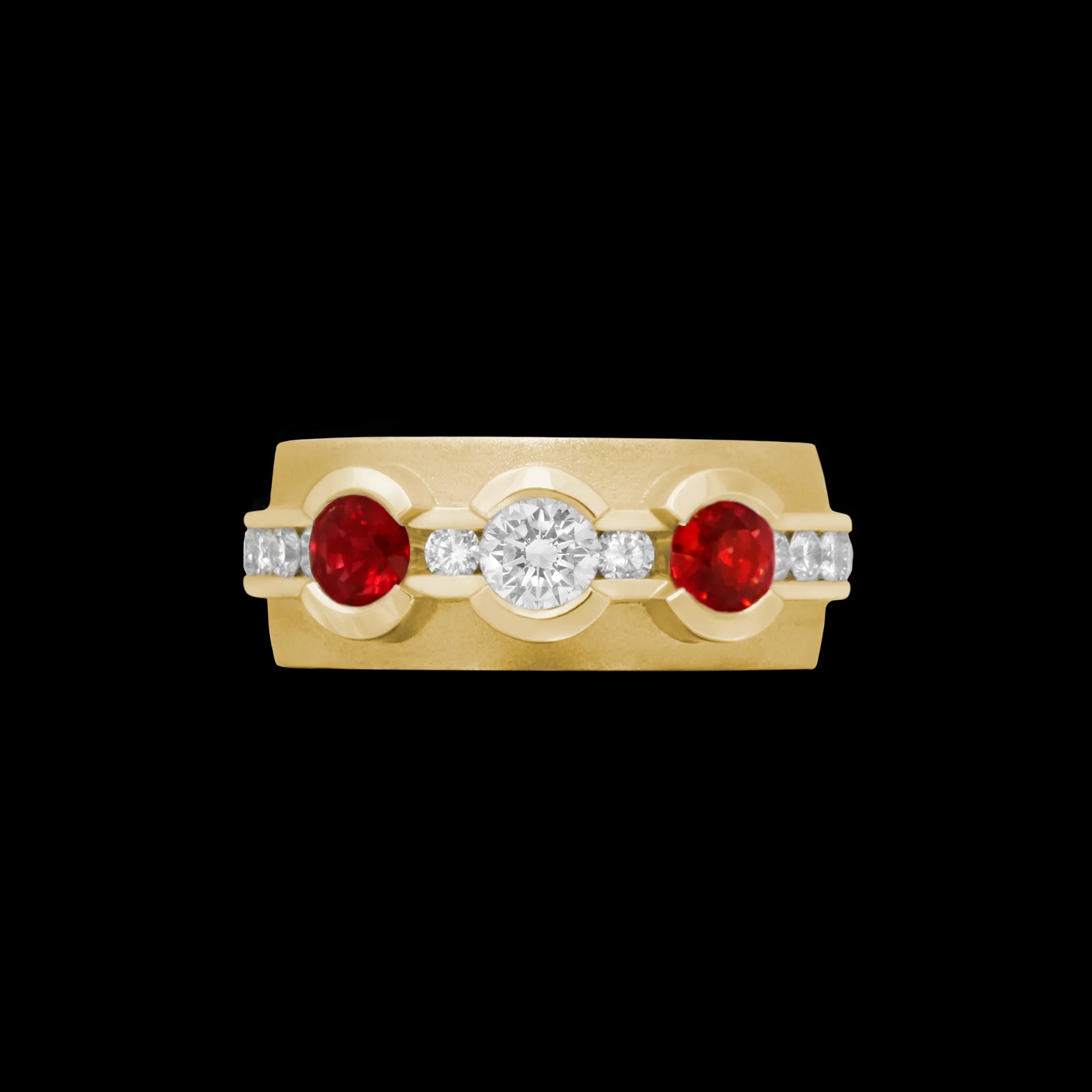 FRIDA | Fine Jewellery. Elska Collection. Round ring in 18kt yellow gold set with rubies and brilliant-cut diamonds. Tri-stone. View3.