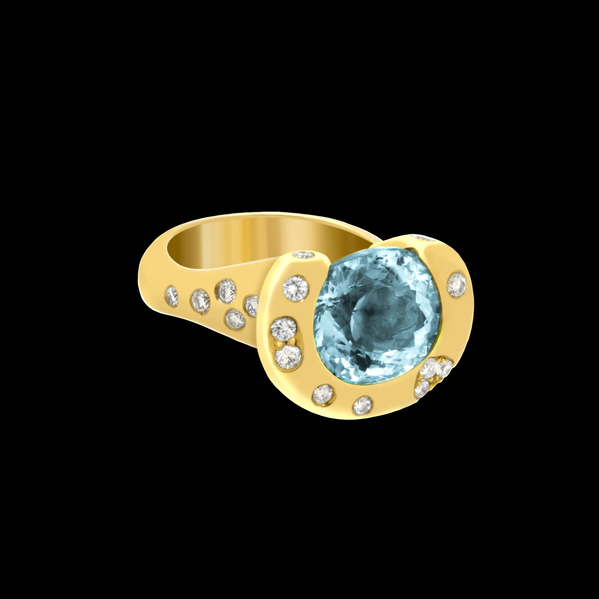 FRIDA | Fine Jewellery. Celestial Collection. Eclipse ring in 18kt yellow gold set with a faceted aquamarine and diamonds. View1.