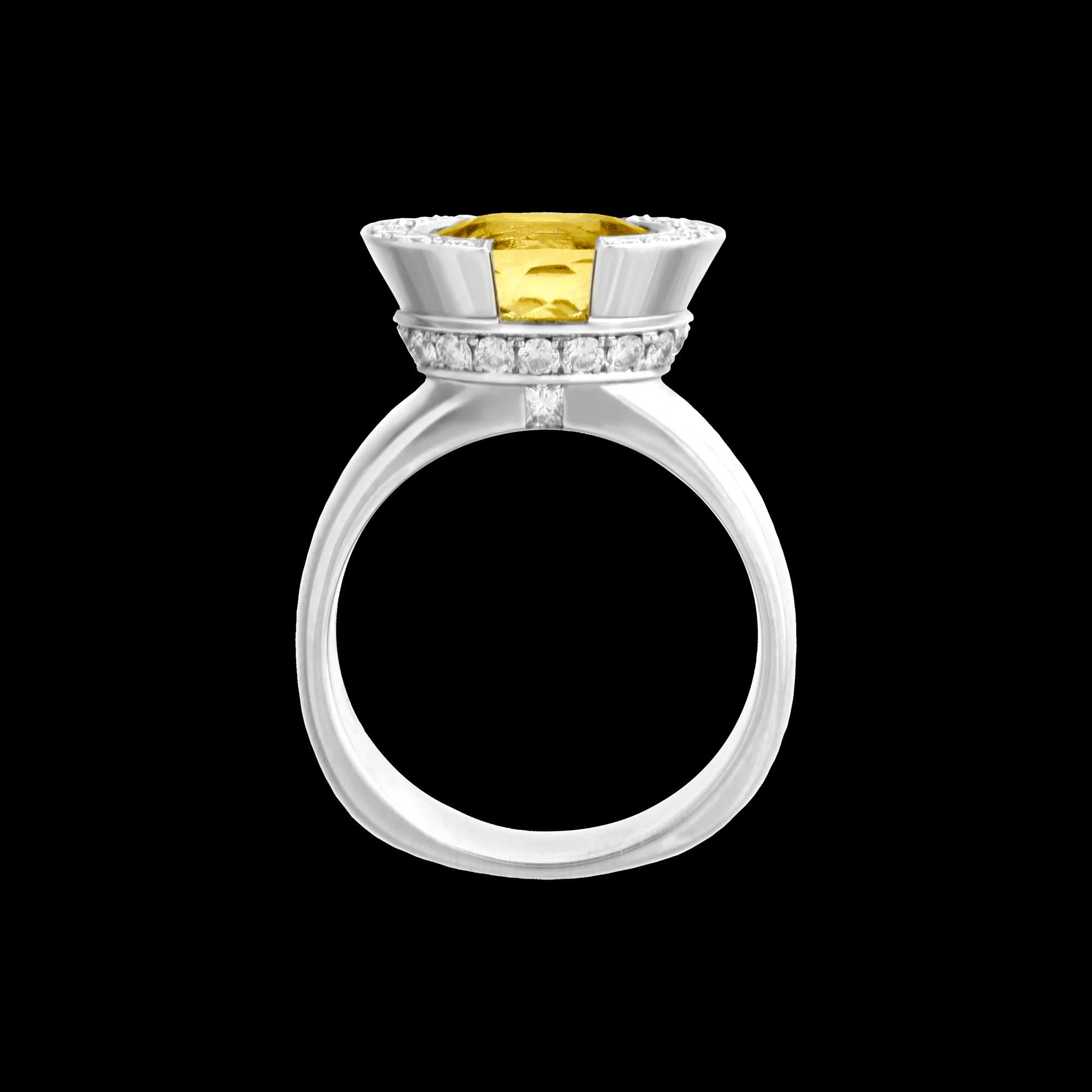 FRIDA | Fine Jewellery. Celestial Collection. Luna ring in 18kt white gold set with a yellow sapphire and diamonds. View2.