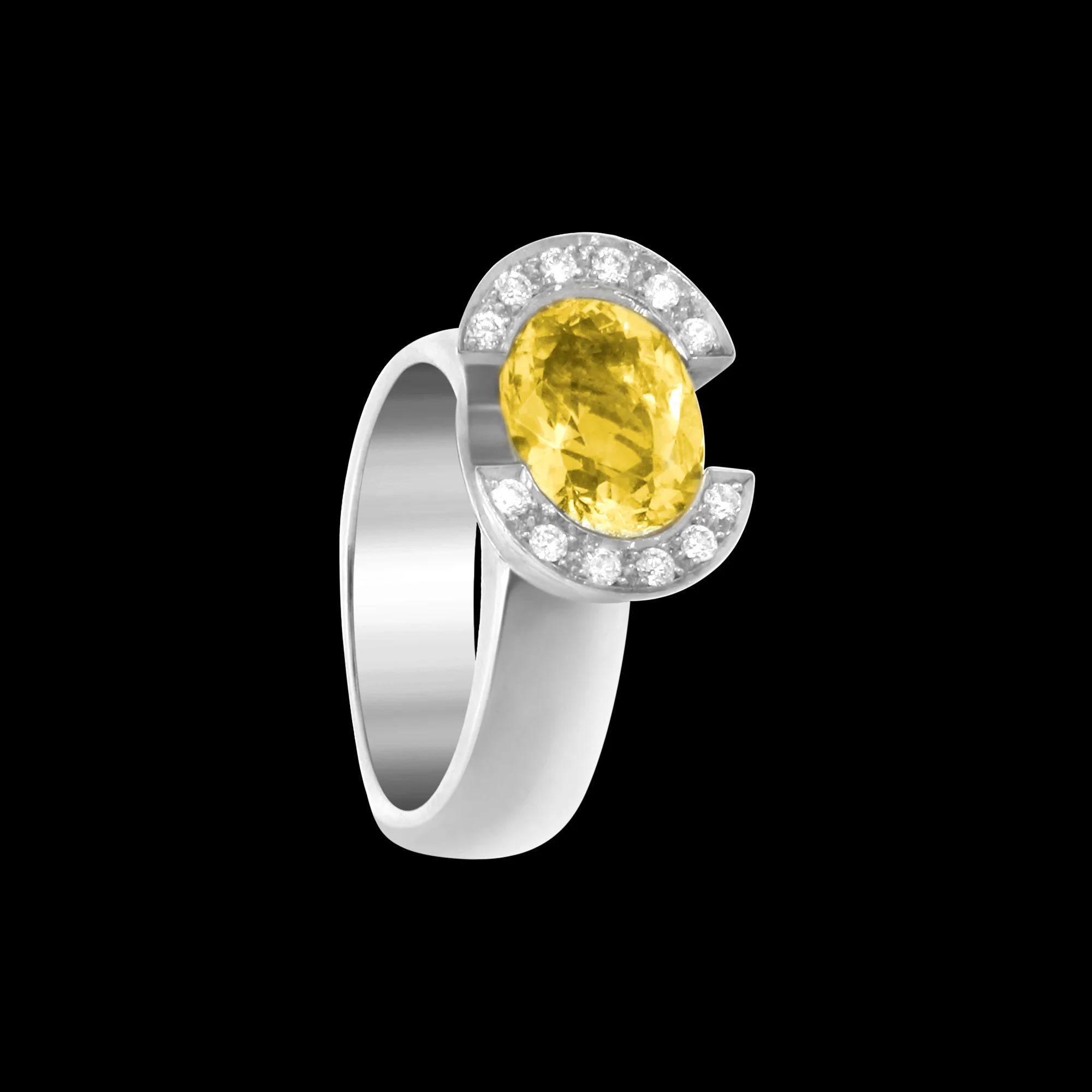 FRIDA | Fine Jewellery. Celestial Collection. Luna ring in 18kt white gold set with a yellow sapphire and diamonds. View1.