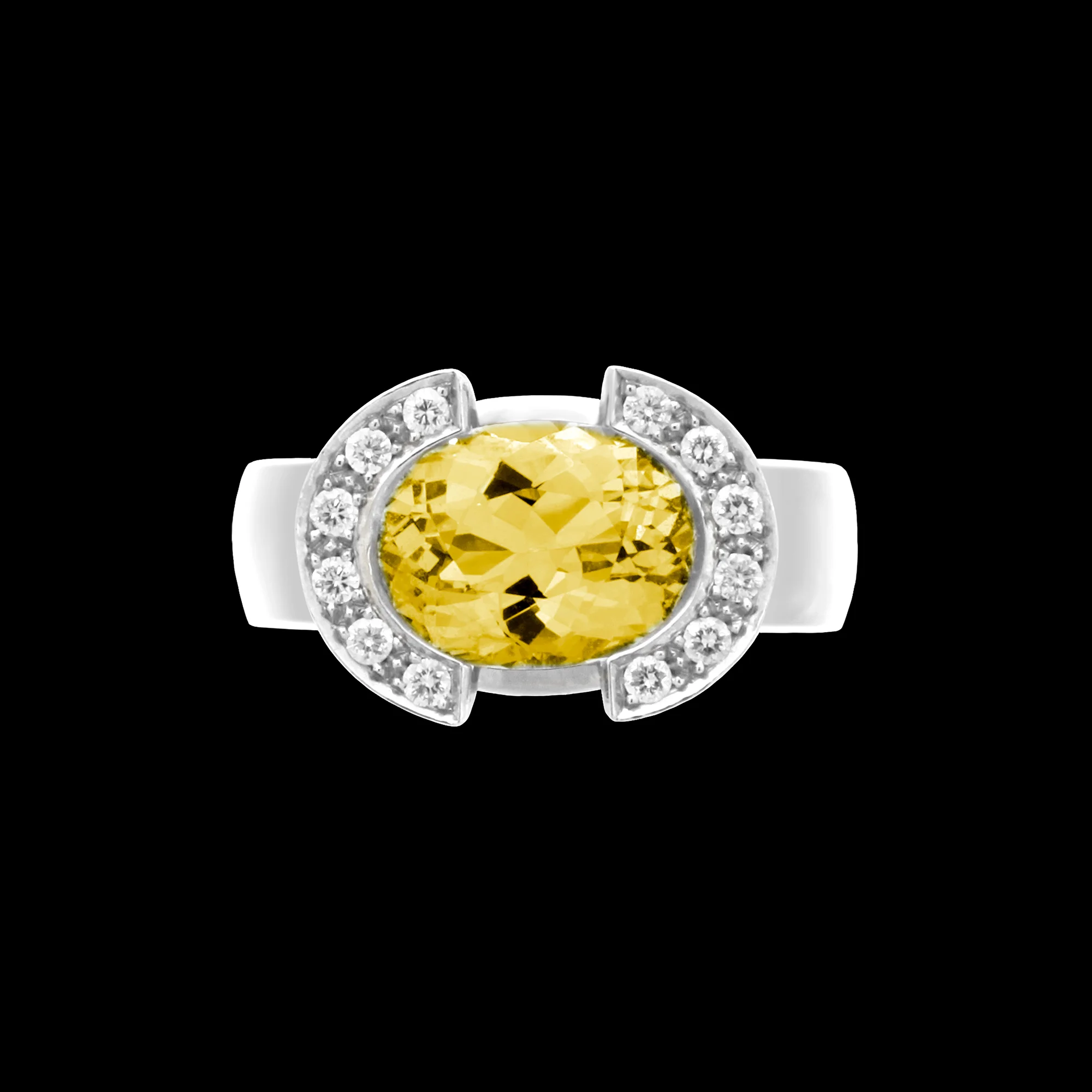 FRIDA | Fine Jewellery. Celestial Collection. Luna ring in 18kt white gold set with a yellow sapphire and diamonds. View3.