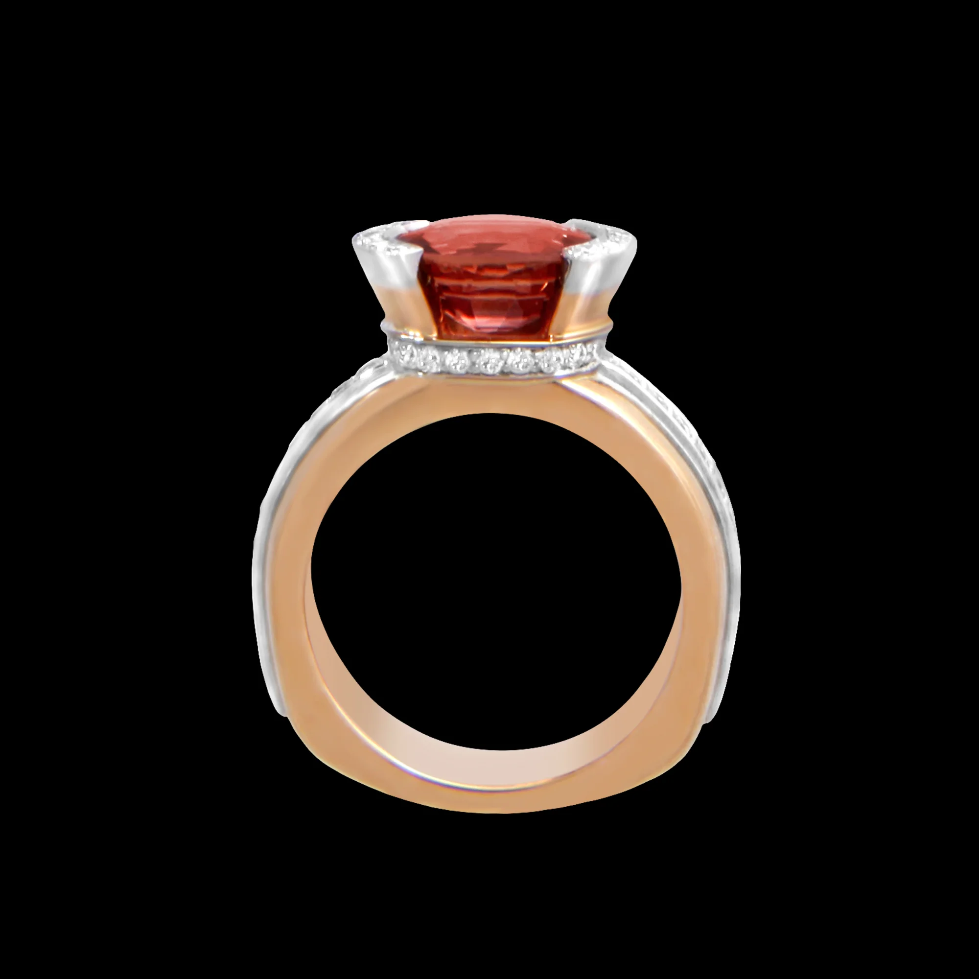 FRIDA | Fine Jewellery. Celestial Collection. Luna ring in 18kt pink gold set with a red orange sapphire and diamonds. View2.